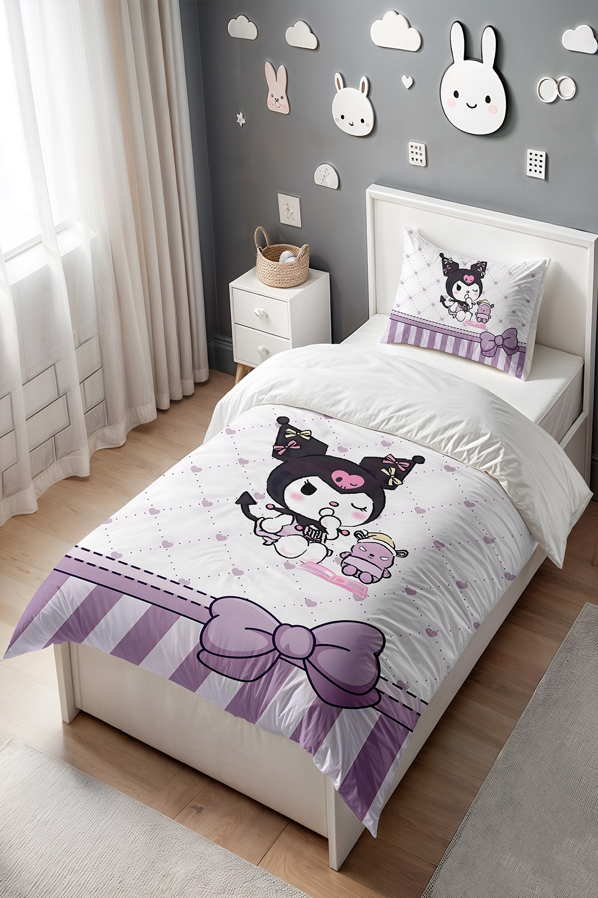 Evpanya Mor Fiyonklu Uykucu Kuromi Desenli Tek Kişilik Bebek Çocuk Nevresim Seti fotoğrafı 3 (önizleme)