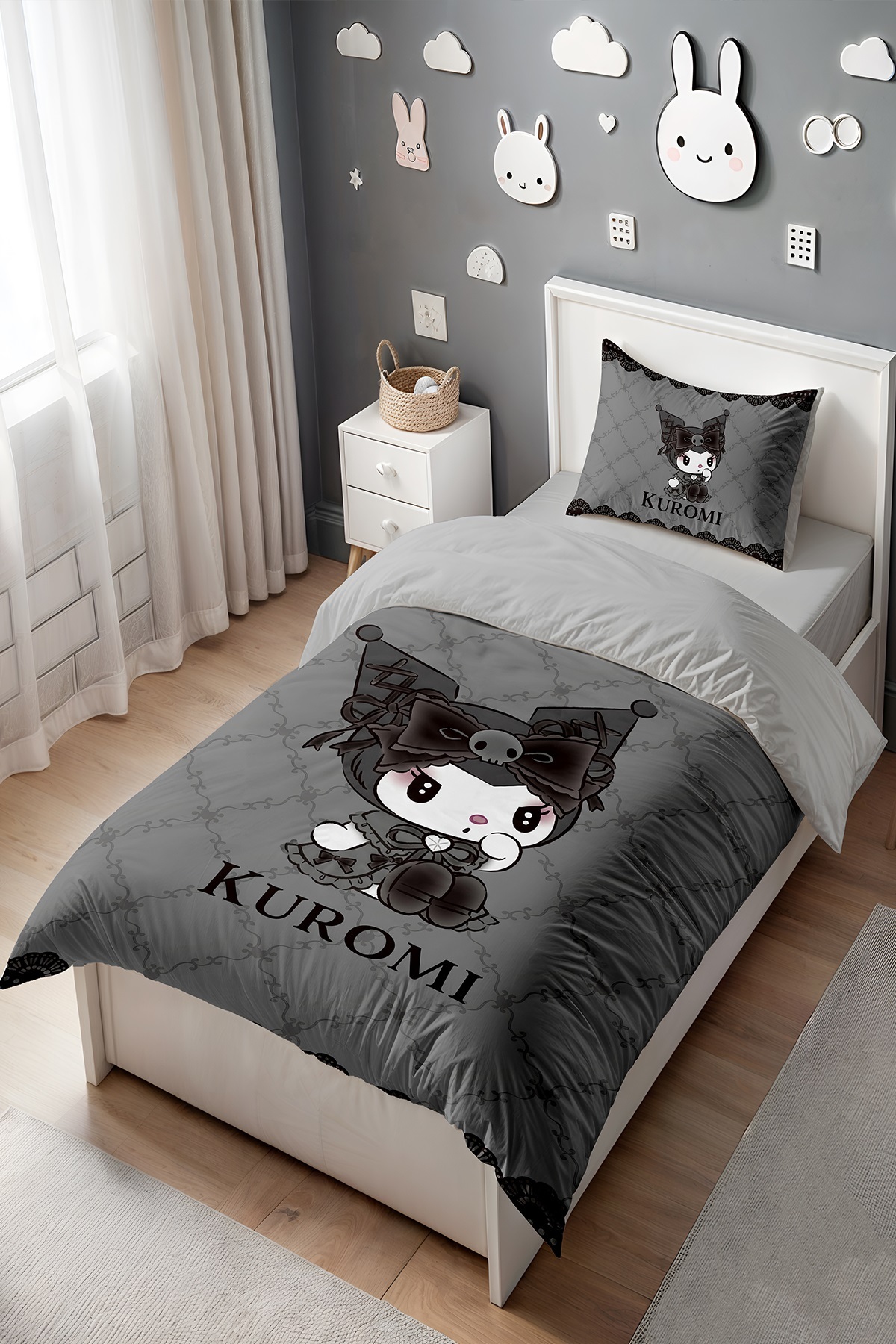 Evpanya Gri Desenli Utangaç Kuromi Desenli Tek Kişilik Bebek Çocuk Nevresim Seti fotoğrafı 3 (önizleme)