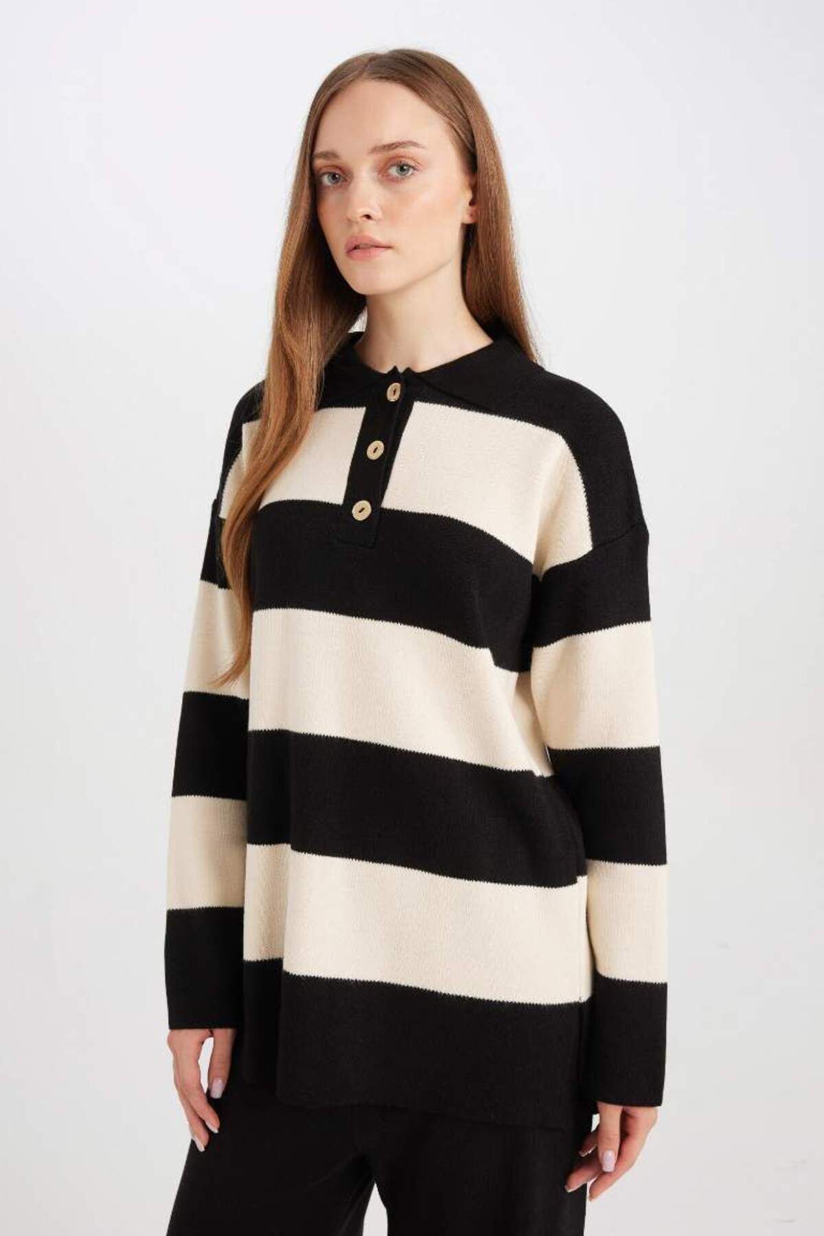 DeFacto-Polo Neck Striped Regular Fit Sweater Tunic - Black 3