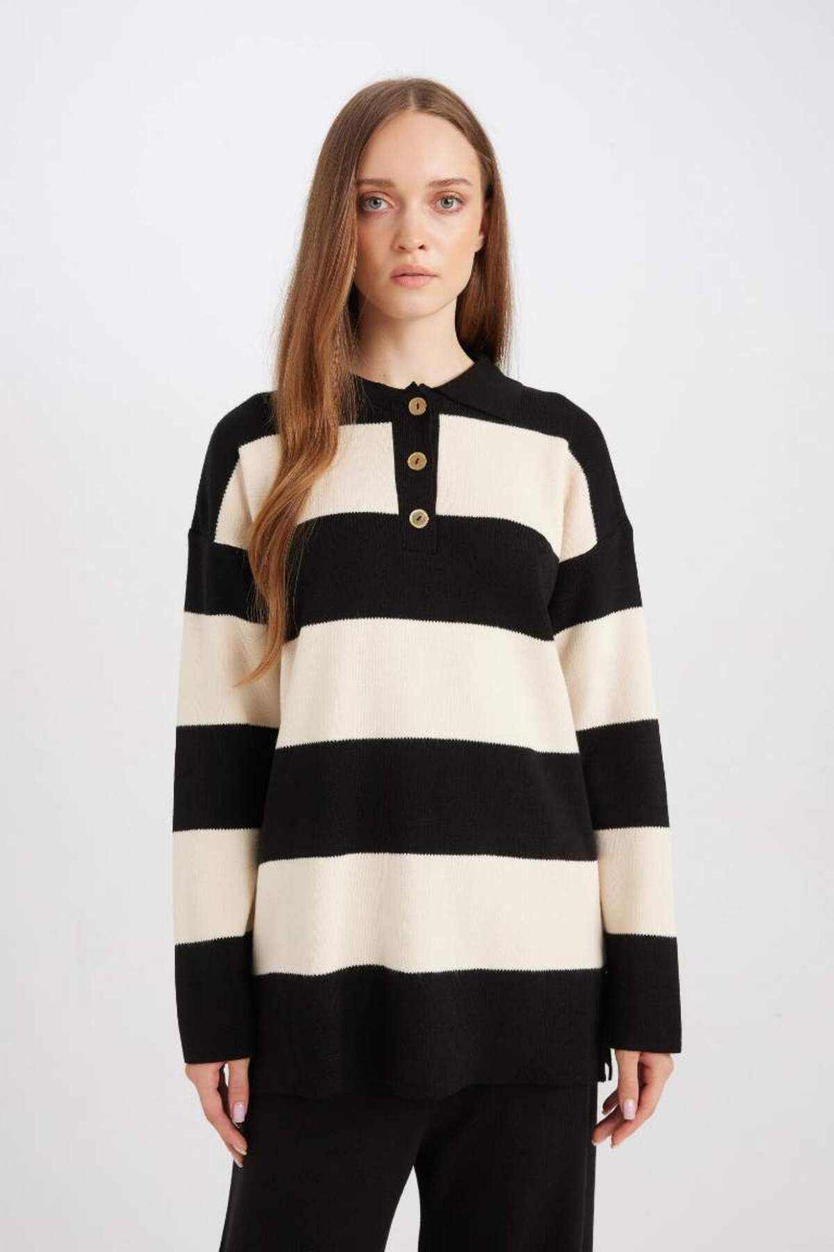 DeFacto-Polo Neck Striped Regular Fit Sweater Tunic - Black 1