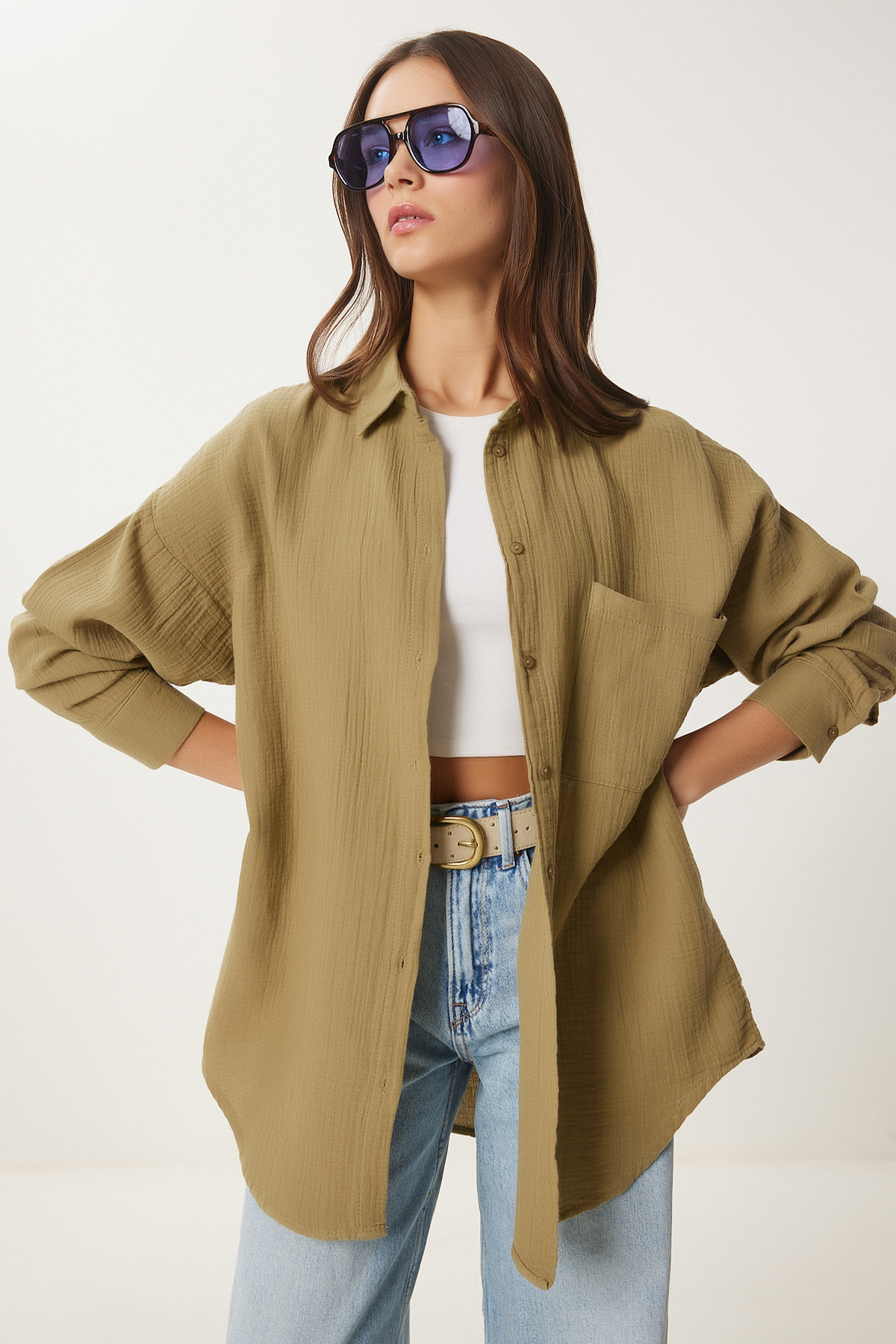 Lovelyİstanbul Oversize Basic Müslin Gömlek YAĞ YEŞİLİ LMX0002 görsel 3