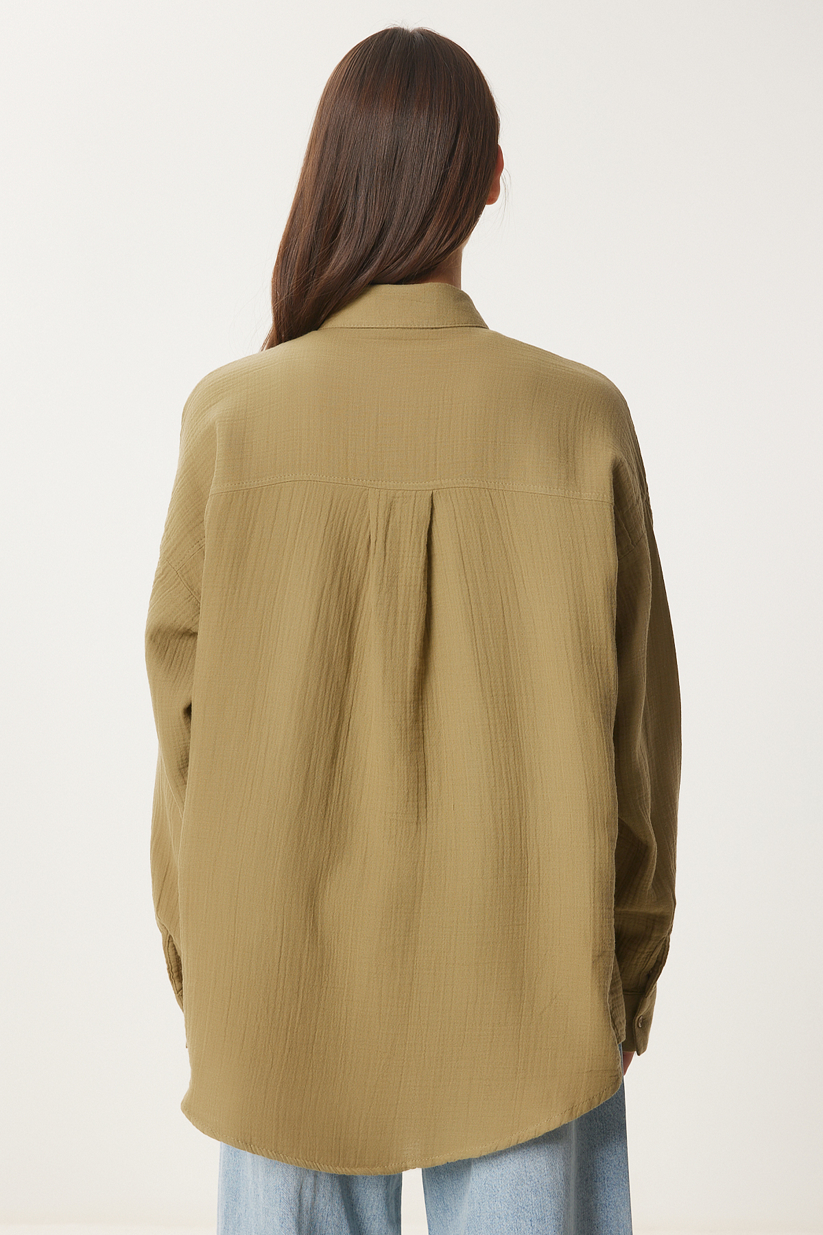 Lovelyİstanbul Oversize Basic Müslin Gömlek YAĞ YEŞİLİ LMX0002 görsel 7
