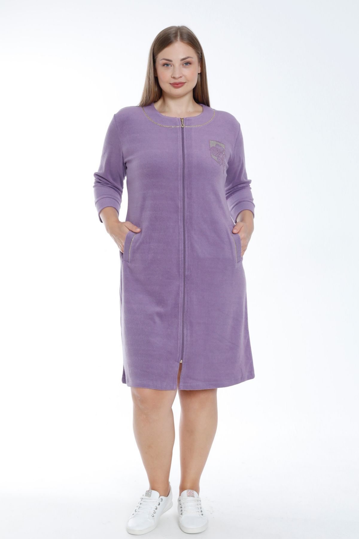 İntensive-Women's Purple Zip-Up Three-Quarter Sleeves Pocket Ribbed Stone Detailed Cotton Terry Plus Size Dress 1