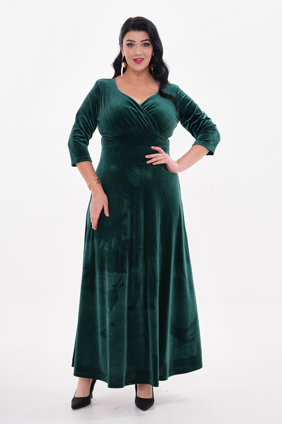 IŞILTI-Plus Size Velvet - Flexible Lycra, Double Breasted Neckline and Half Sleeve Long Skirt 3121 2