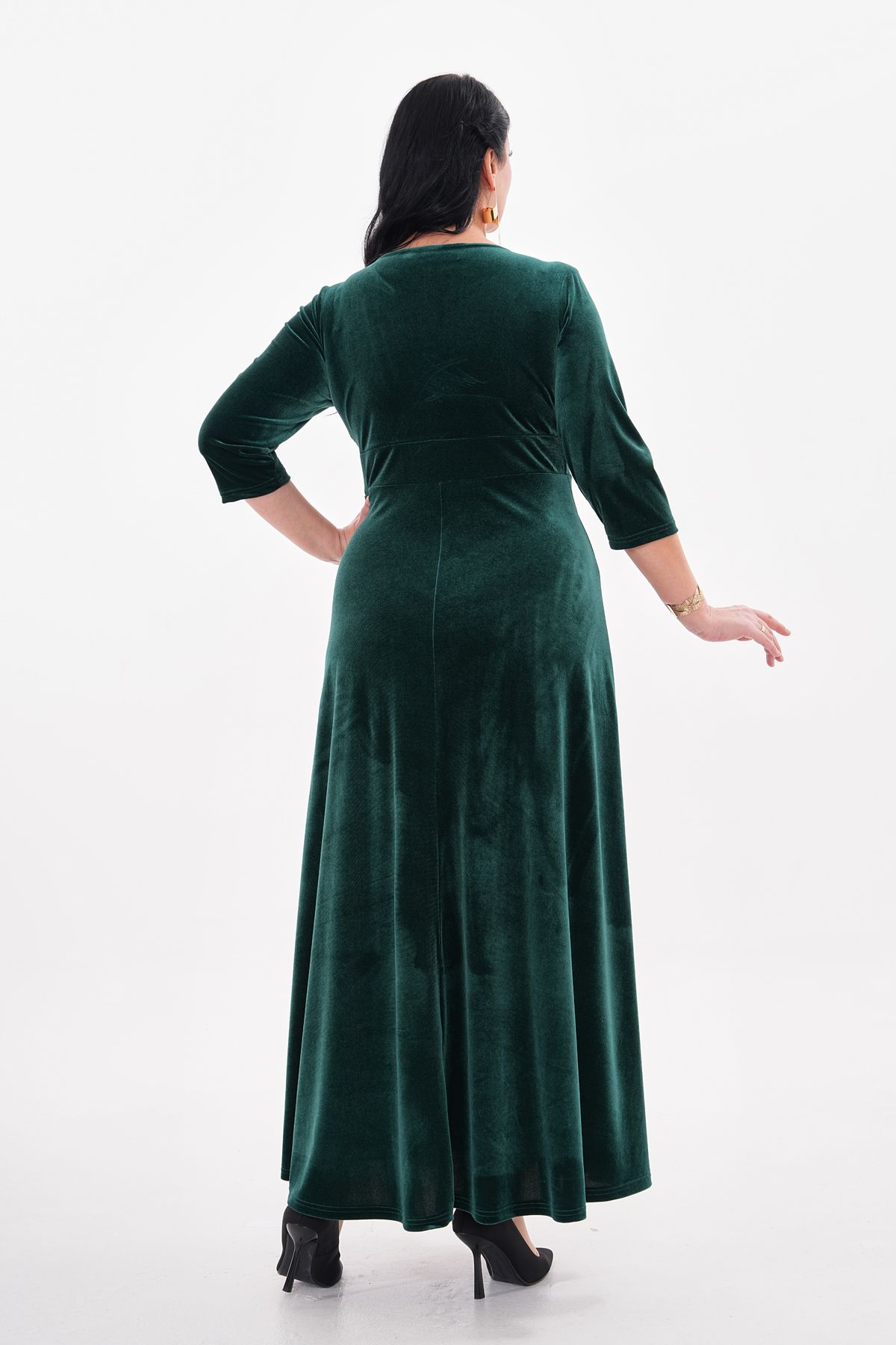 IŞILTI-Plus Size Velvet - Flexible Lycra, Double Breasted Neckline and Half Sleeve Long Skirt 3121 5