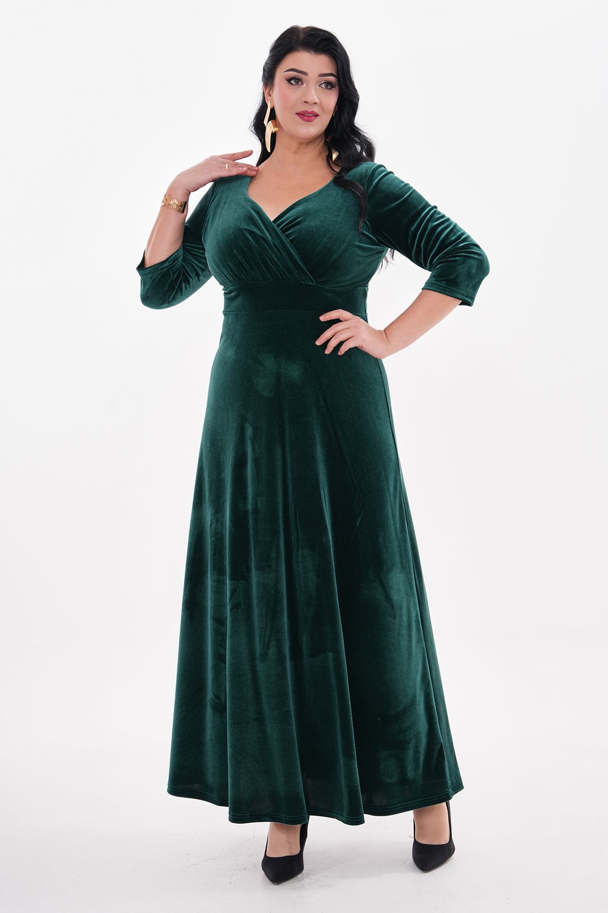 IŞILTI-Plus Size Velvet - Flexible Lycra, Double Breasted Neckline and Half Sleeve Long Skirt 3121 4