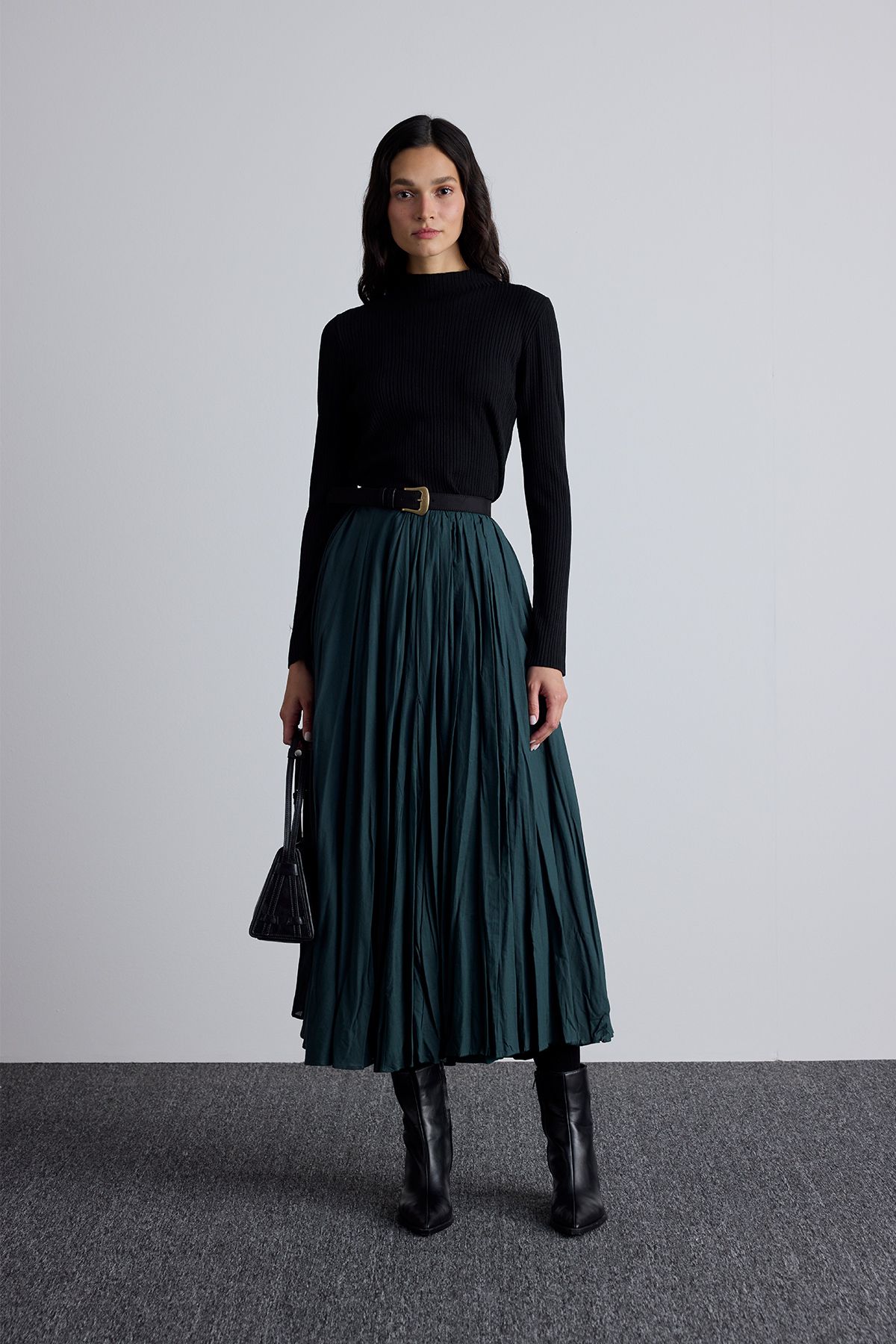 Manuka-Green Pleated Maxi Skirt 1