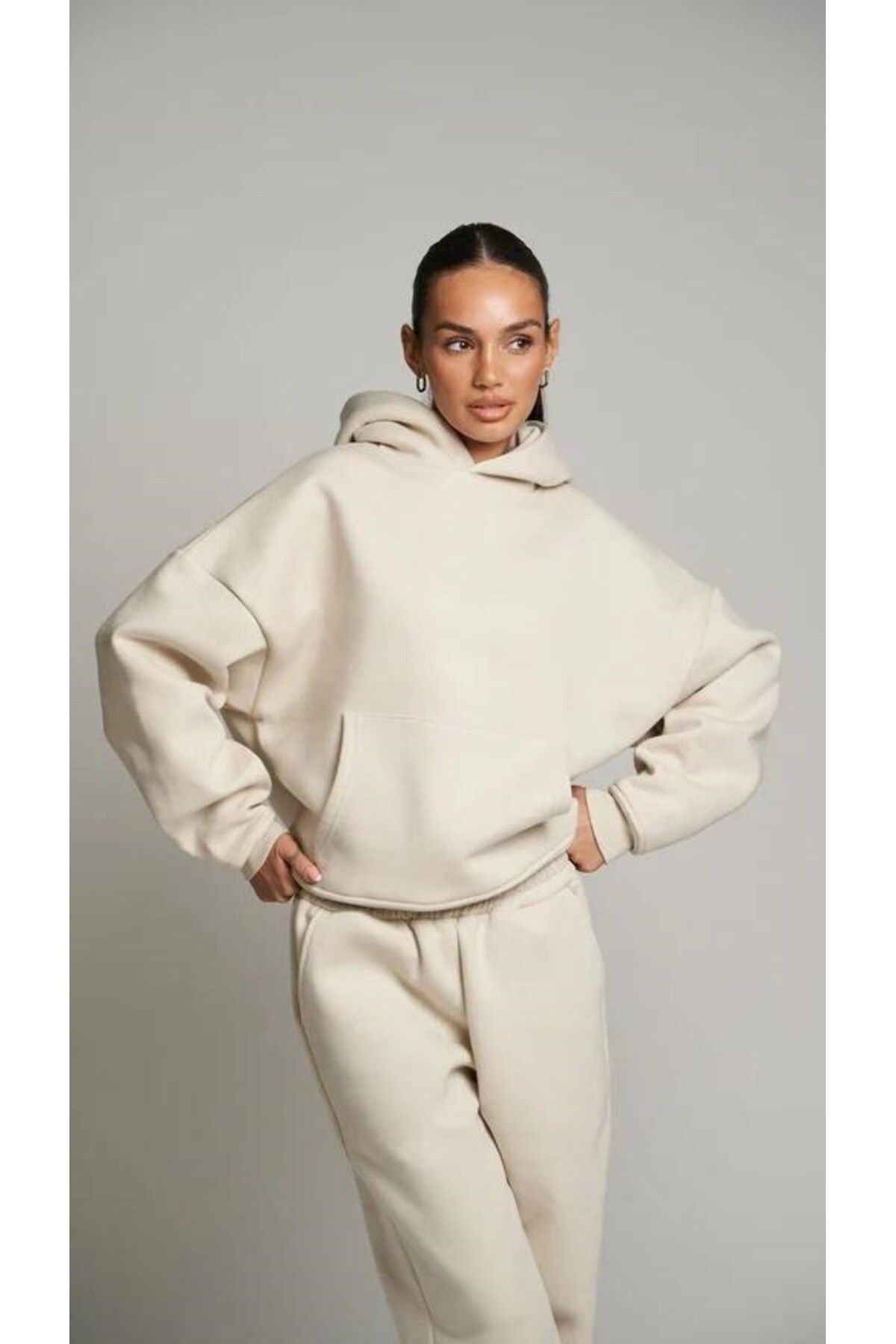 The Champ Clothing-Beige Oversize Tracksuit Set - Hooded, Pockets and Elastic Waist 4