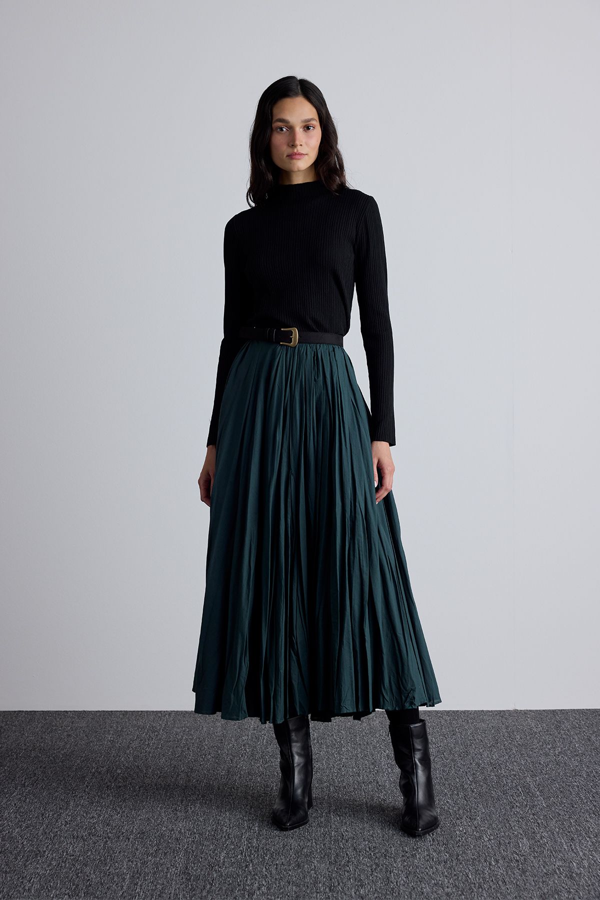 Manuka-Green Pleated Maxi Skirt 2