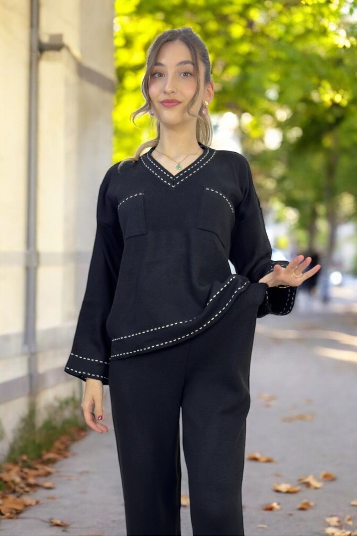 yagmurberen-Stitch Patterned 100% Acrylic V-Neck Bottom Top Kit Set 6