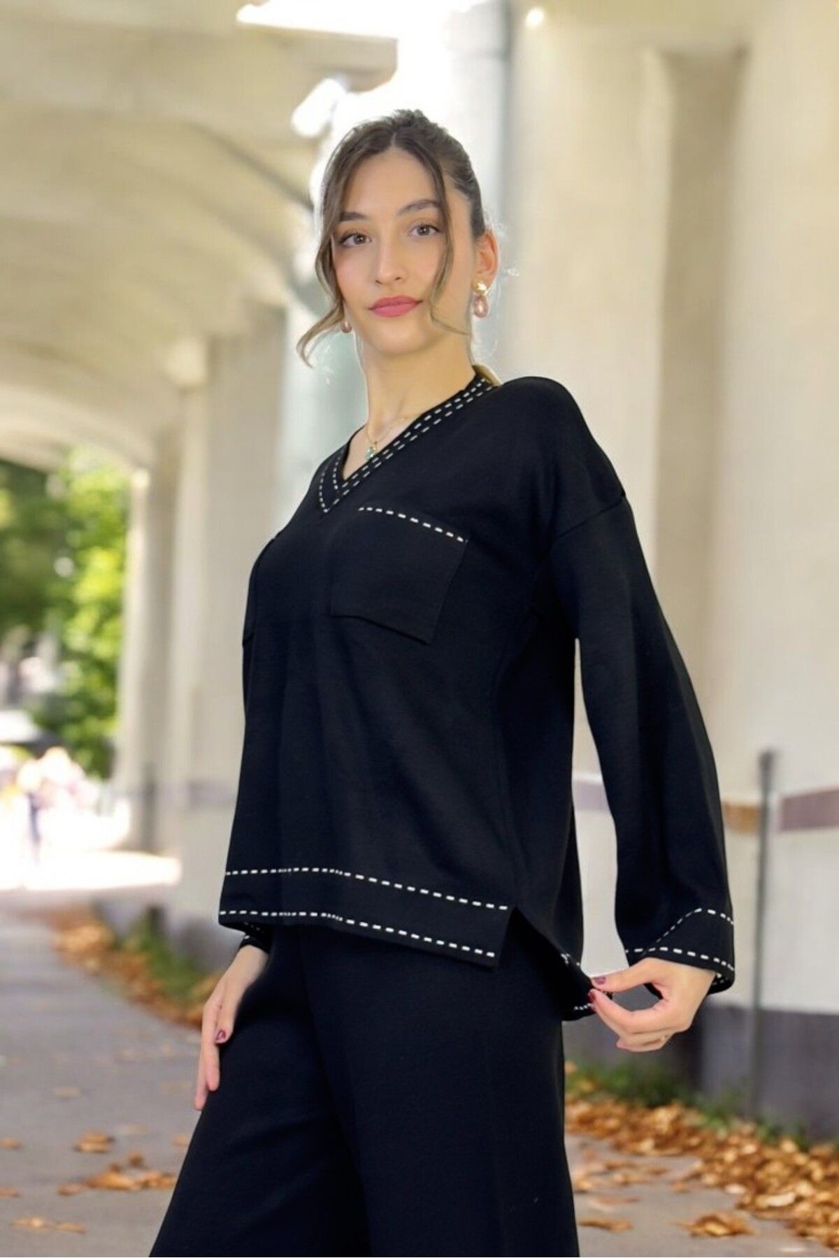 yagmurberen-Stitch Patterned 100% Acrylic V-Neck Bottom Top Kit Set 3