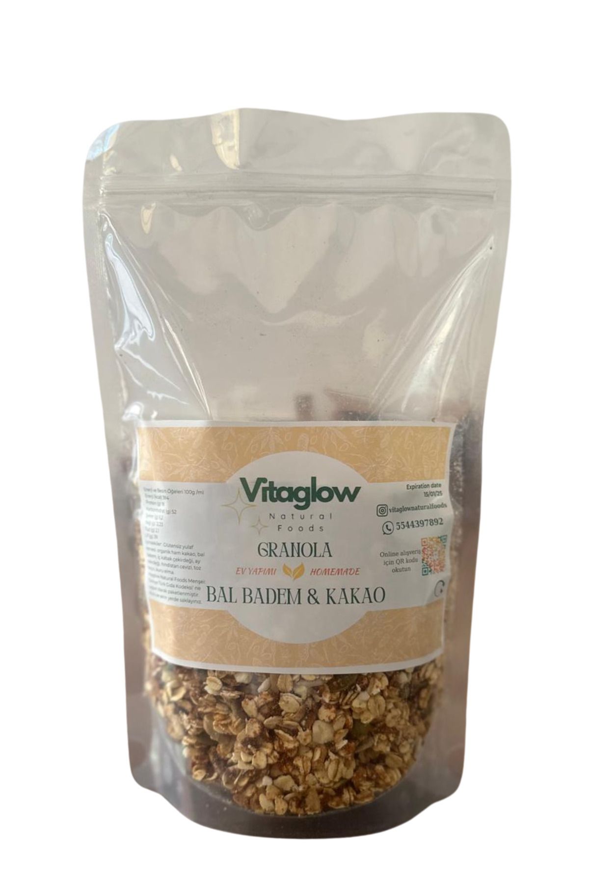 Vitaglow Granola Bal Badem & Kakao (300 GR.) Katkısız , Sağlıklı Atıştırmalık Seffaf Paket