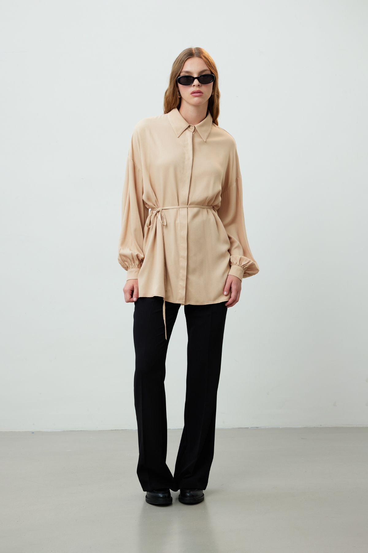 Manuka-Beige Viscose Tunic - Belt Detailed 4