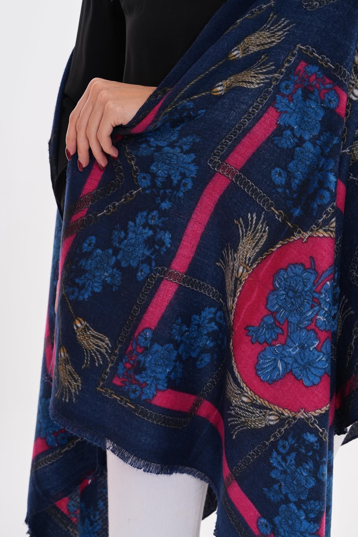 Axesoire-15288 Hyacinth Patterned Navy Blue Thick Shawl 4