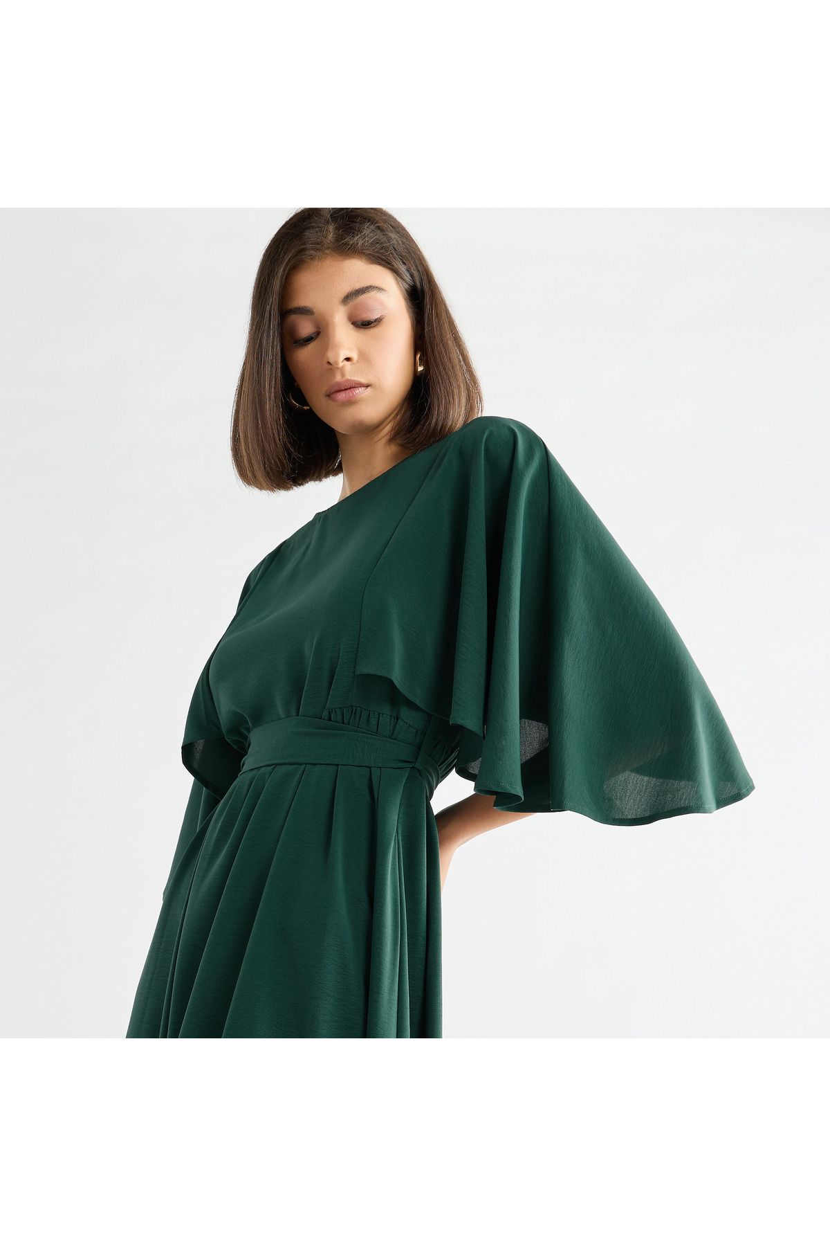 FAV-Solid Midi Dress with Flutter Sleeves and Tie-Up Belt 4
