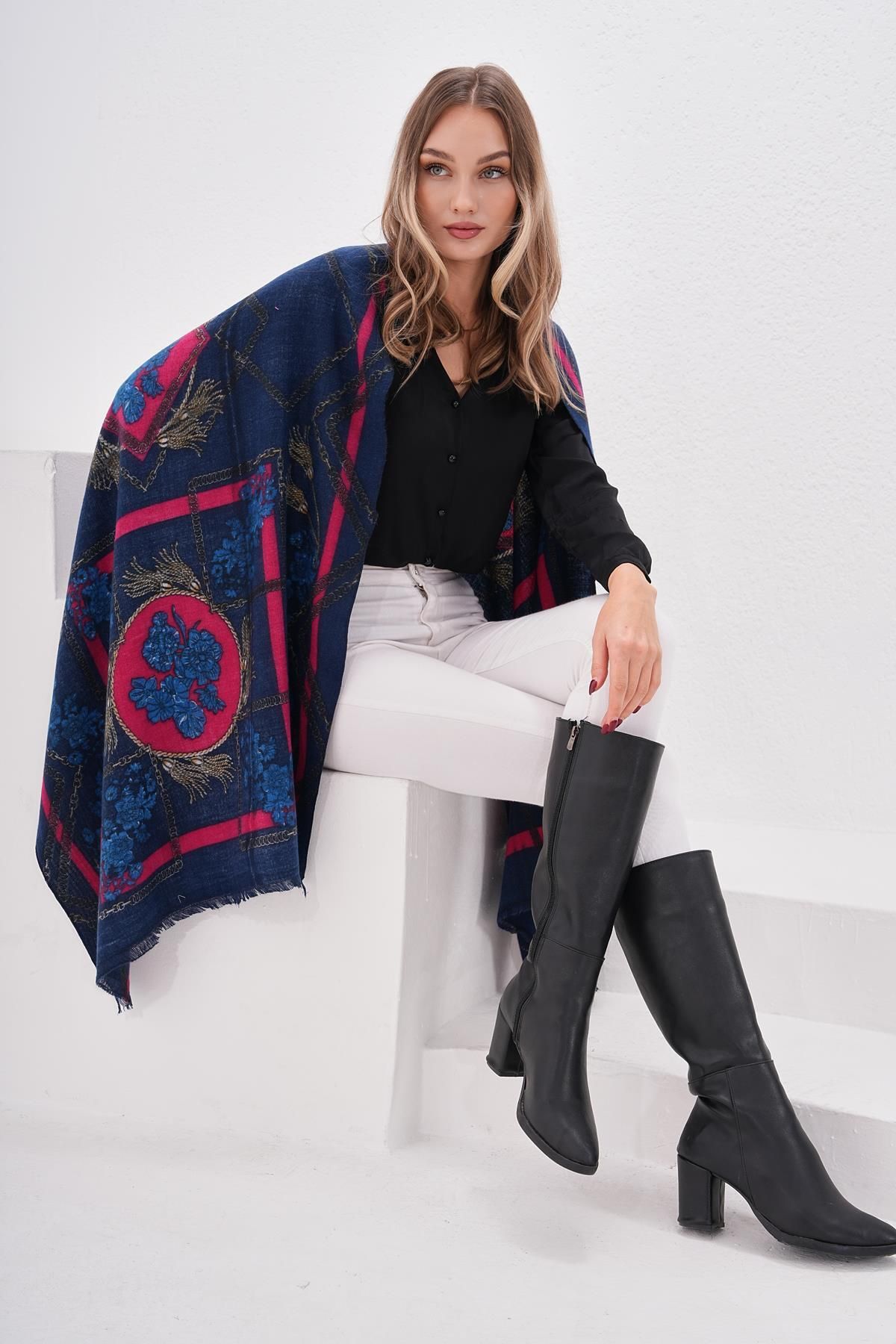 Axesoire-15288 Hyacinth Patterned Navy Blue Thick Shawl 5