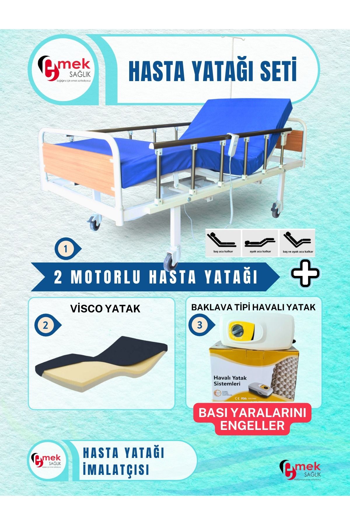 emek sağlık 2 Motorlu Mdf Başlıklı Tabanca Korkuluklu Hasta Karyolası + Visco Yatak + Baklava Tipi Havalı Yatak