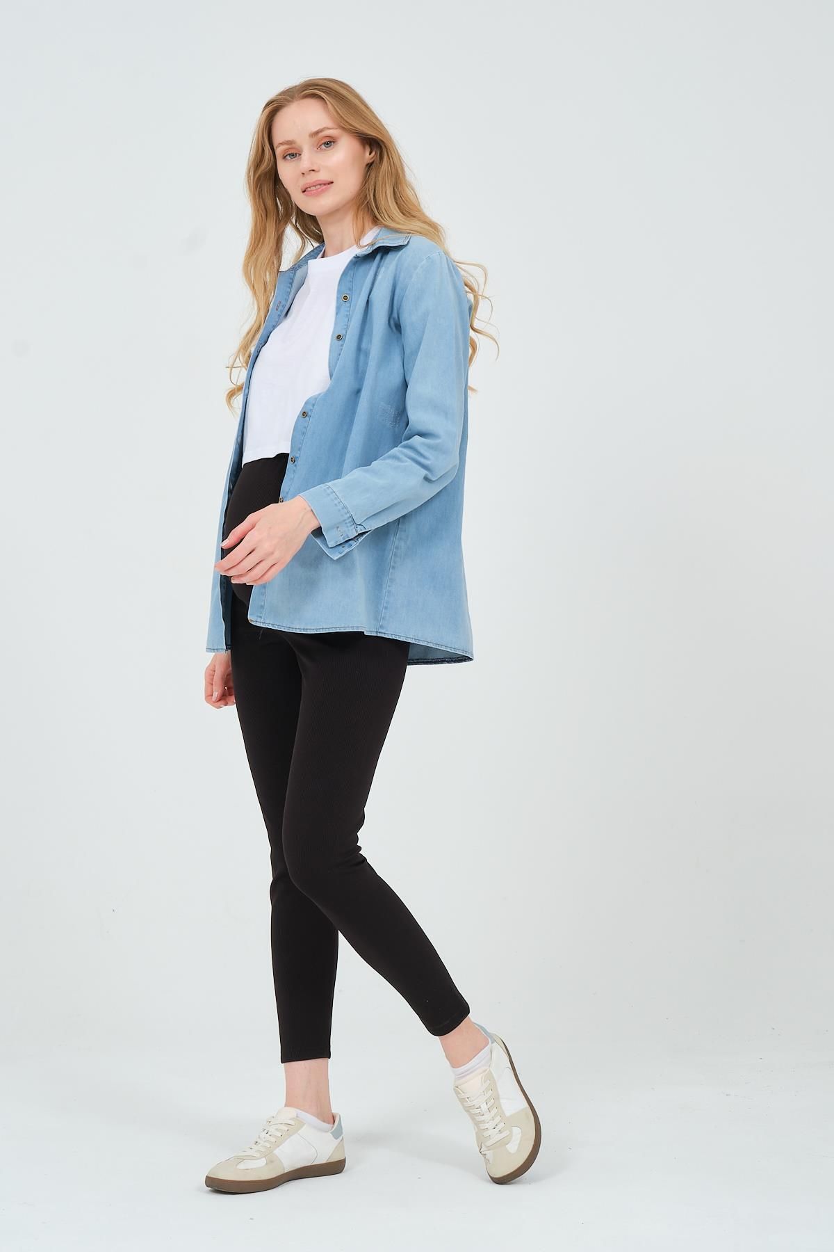 BUSA-Blue Maternity Long Sleeve Denim Shirt 5