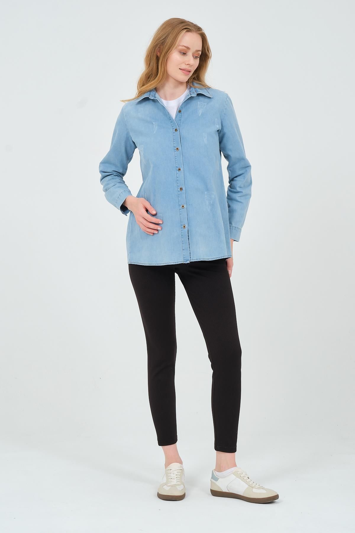 BUSA-Blue Maternity Long Sleeve Denim Shirt 1