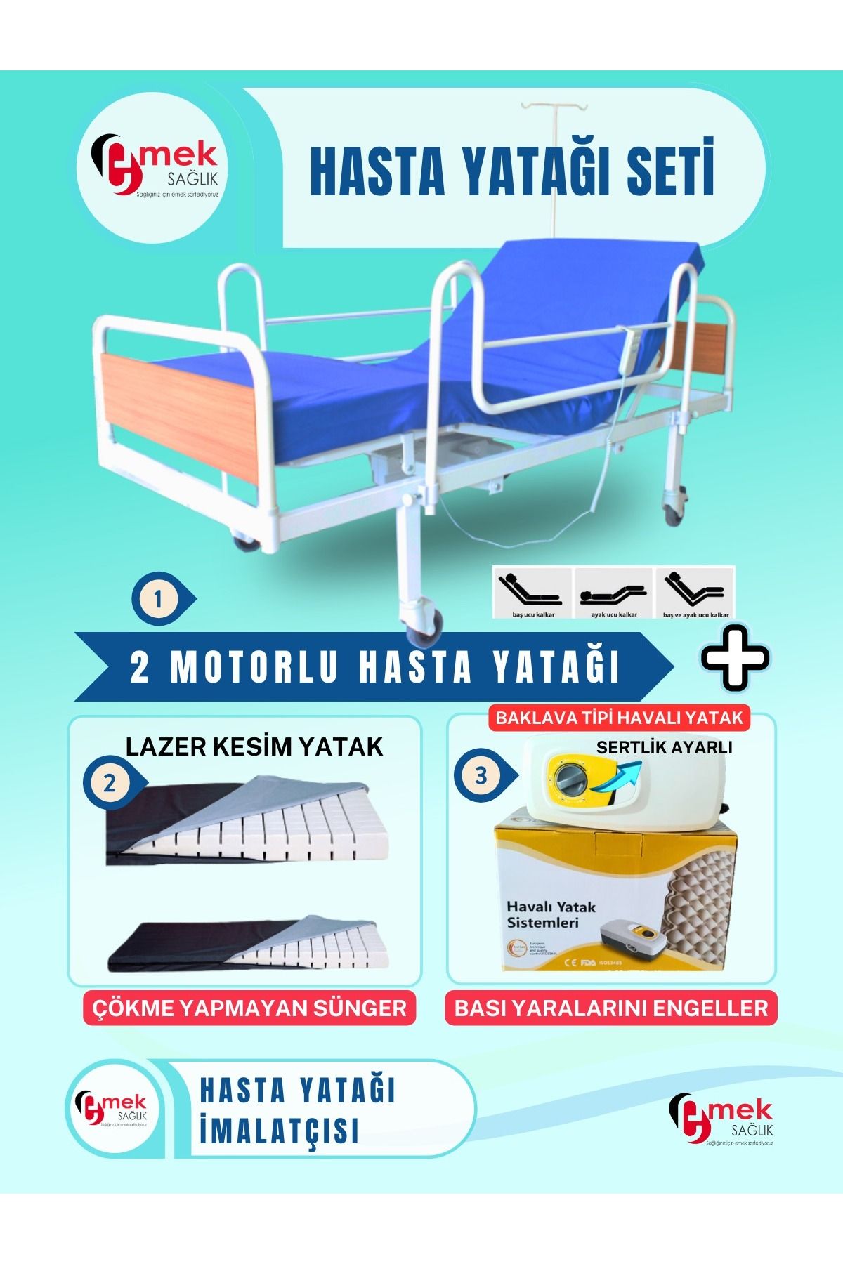 emek sağlık 2 Motorlu Ekonomik Hasta Karyolası + Lazer Kesim Yatak + Baklava Tipi Havalı Yatak