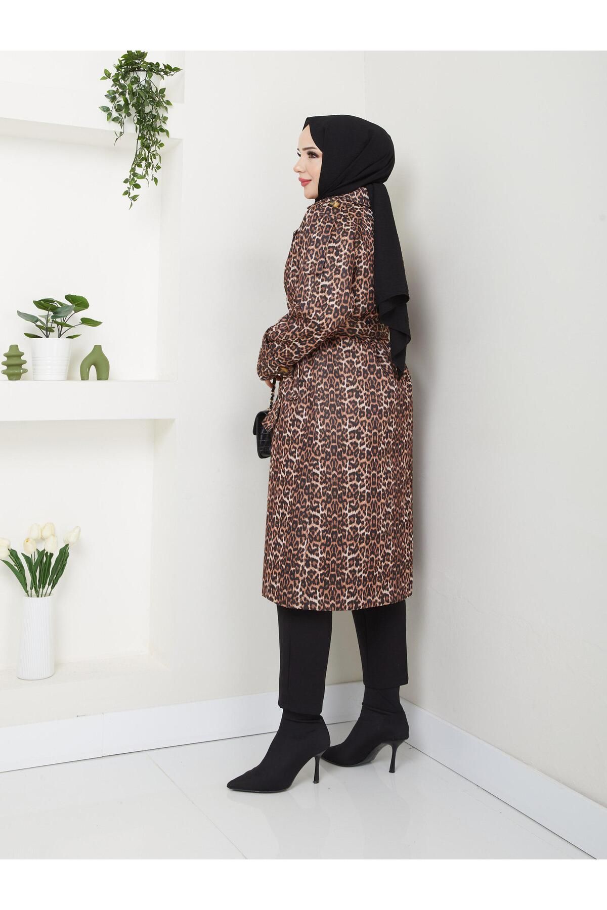 Sultan Yaprak-Leopard Print Women's Trench Coat - Lined and Hooded 3