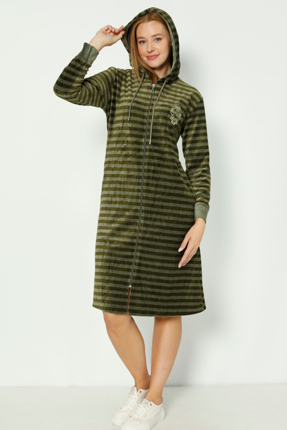 İntensive-Khaki Striped Hooded Embroidery Detailed Cotton Velvet Long-Sleeved Women's Dress 1