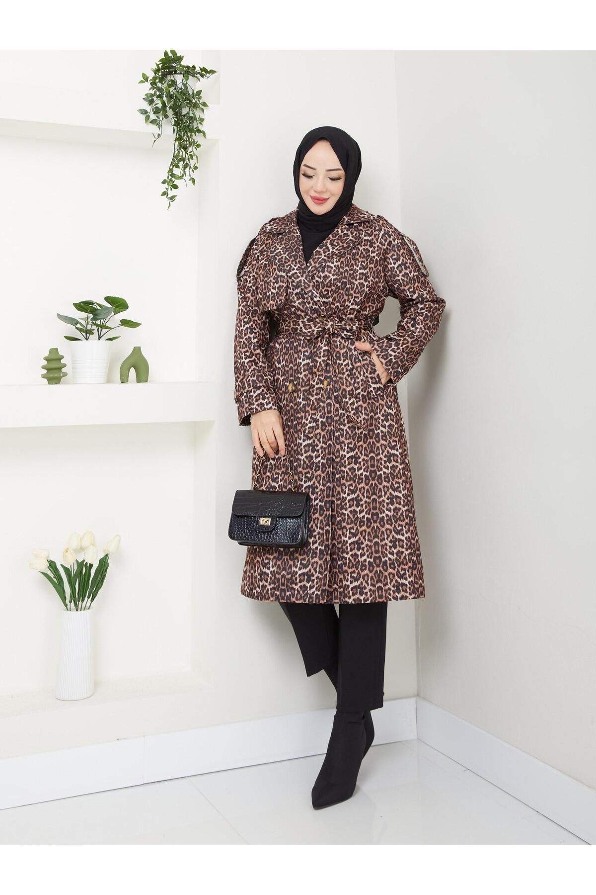 Sultan Yaprak-Leopard Print Women's Trench Coat - Lined and Hooded 4