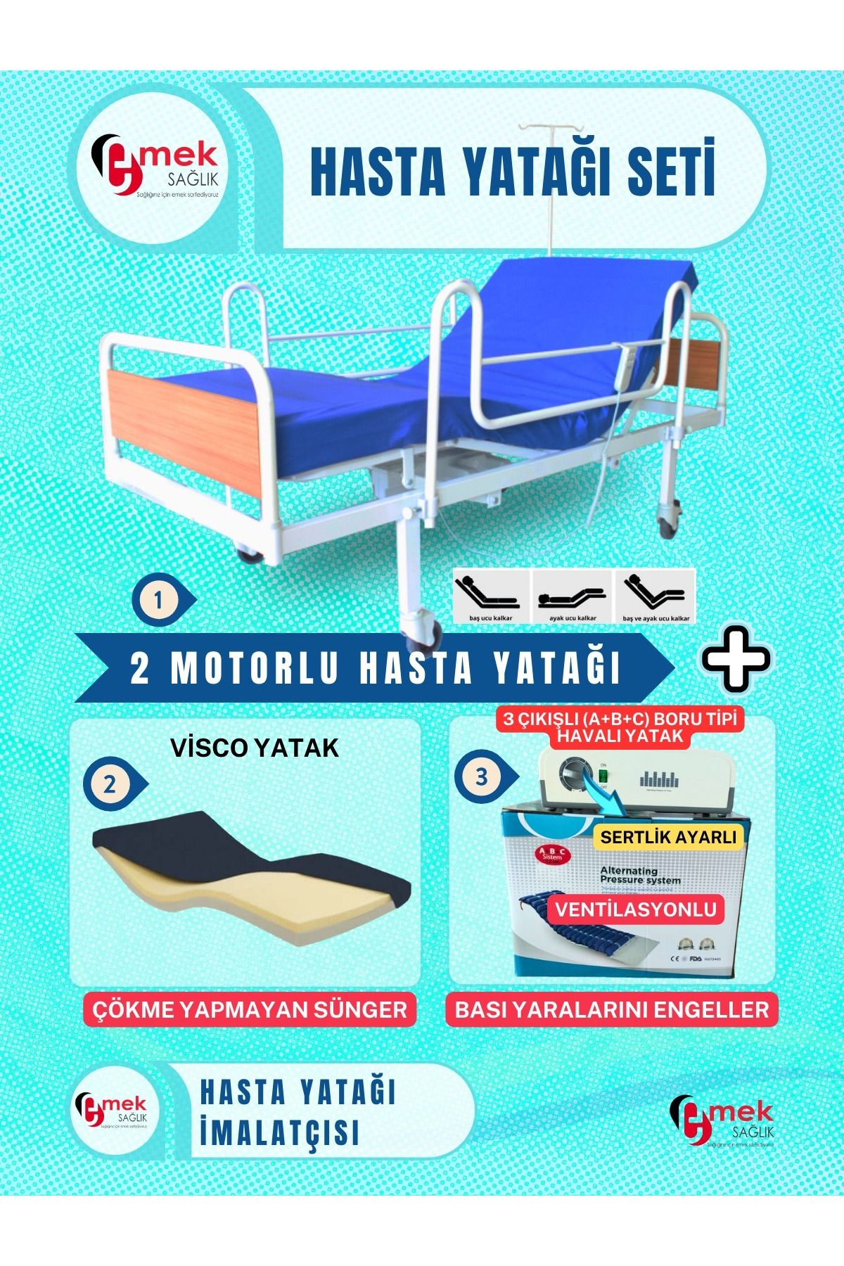 emek sağlık 2 Motorlu Ekonomik Hasta Karyolası + Visco Yatak + 3 Çıkışlı ABC Sistem Boru Tipi Havalı Yatak