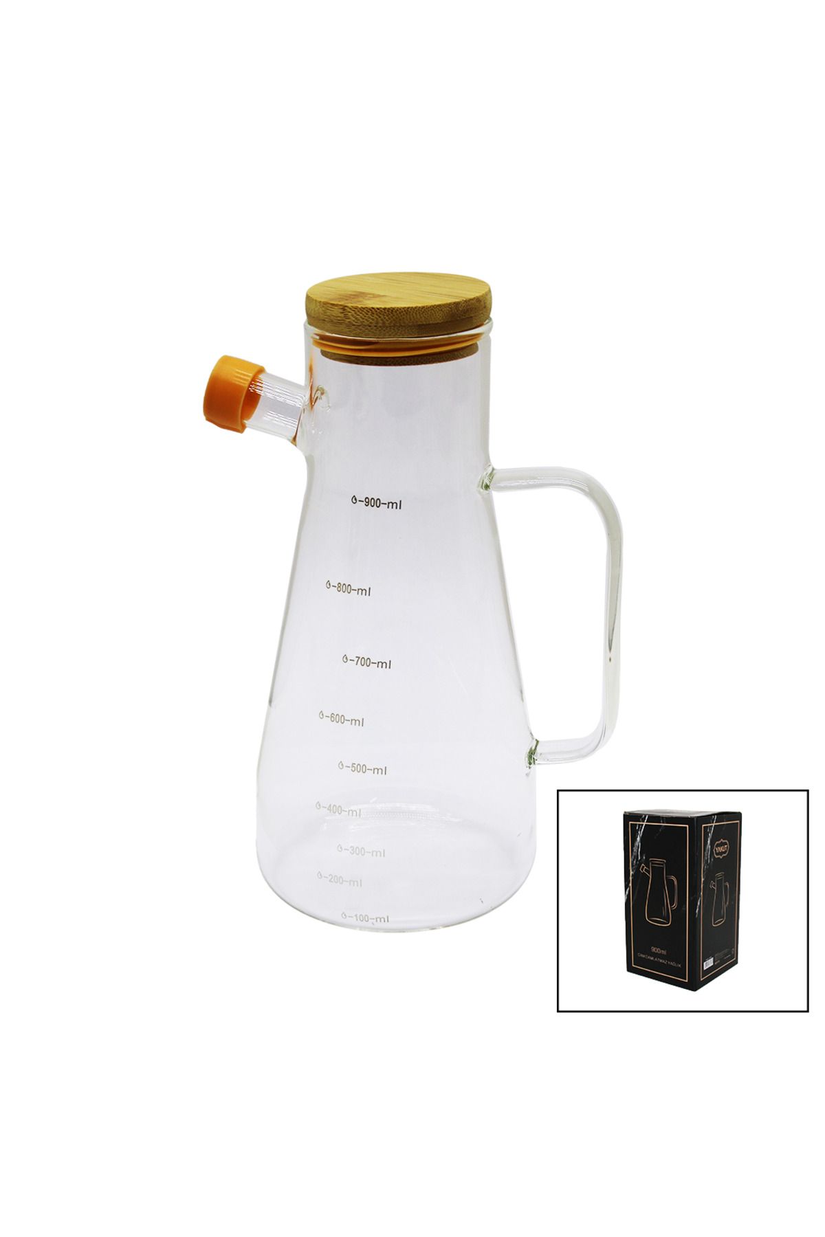 Ethab Ticaret DAMLATMAZ CAM YAĞDANLIK BAMBU KAPAKLI ÖLÇEKLİ 900ML (4457)