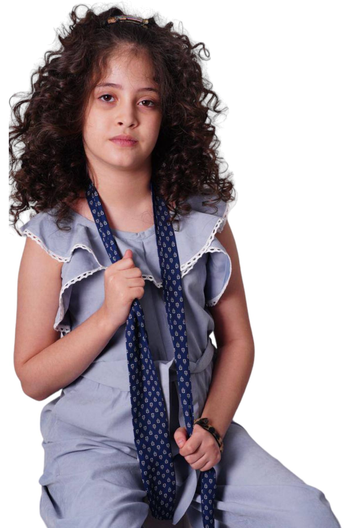İrem Çocuk Giyim-Gray Micro Fabric - Girl's Jumpsuit, Laced Collar, Pocket and Belted Waistband 4