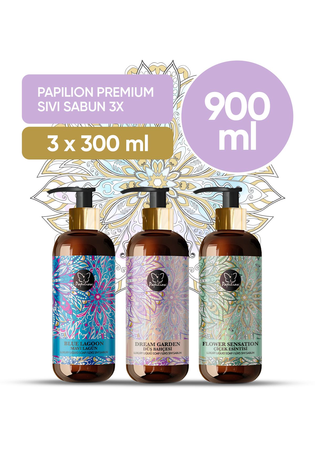 Papilion Blue Lagoon - Dream Garden- Flower Breeze Lüks Sıvı Sabun Tanışma Paketi 3x300 ml