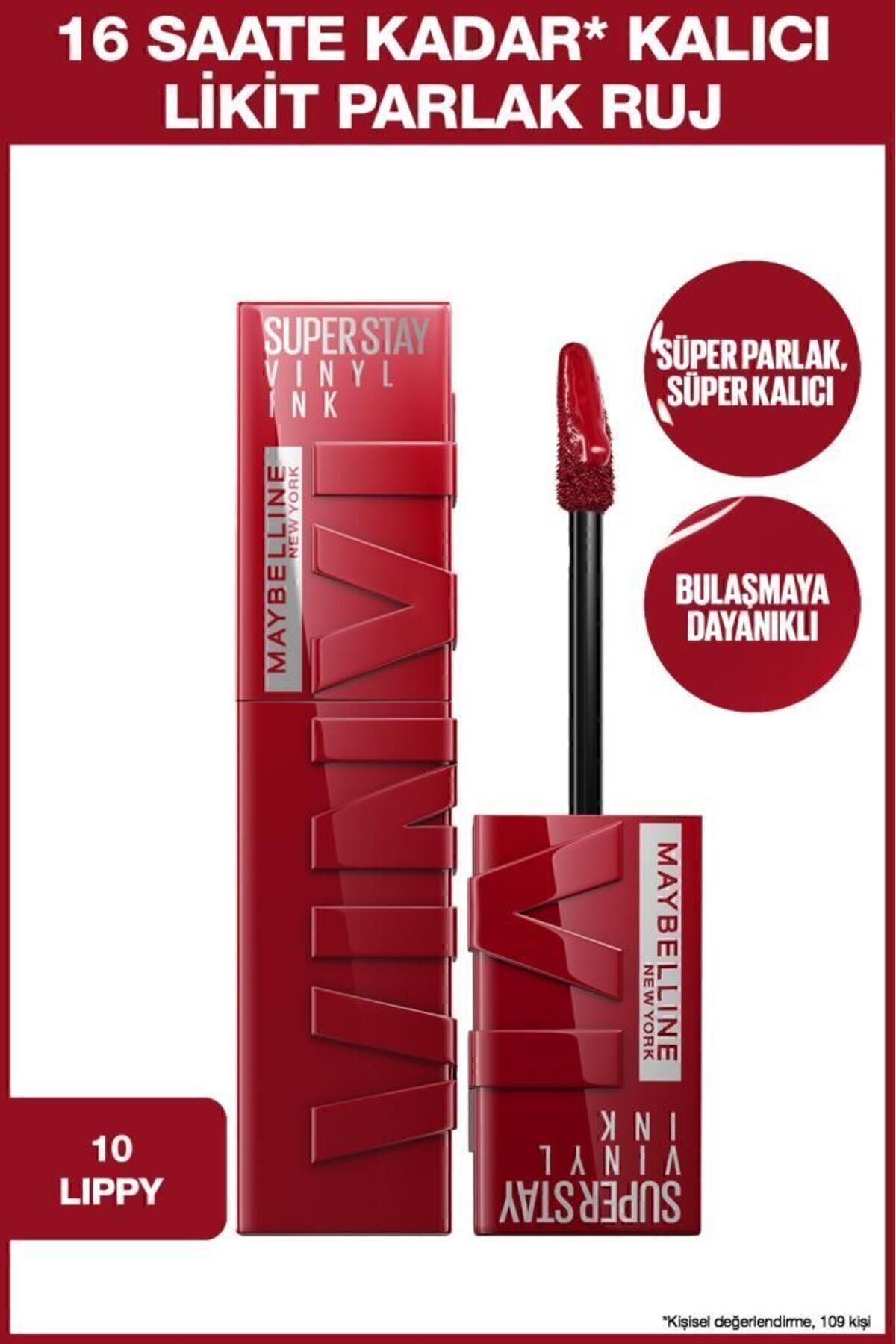 Maybelline New York Super Stay Vinyl Ink Uzun Süre Kalıcı Kırmızı Tonlu Likit Parlak Ruj 10 Lippy