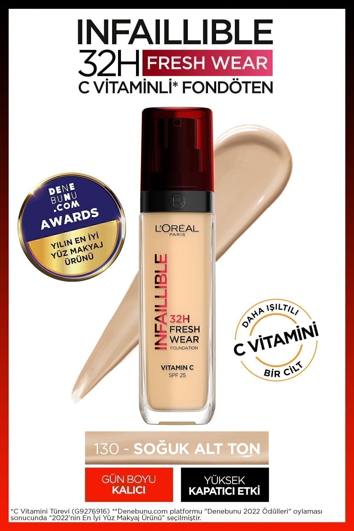 L'Oreal Paris L'Oréal Paris Infaillible 32H Fresh Wear C Vitaminli Fondöten - 130 True Beige Kapatıcı