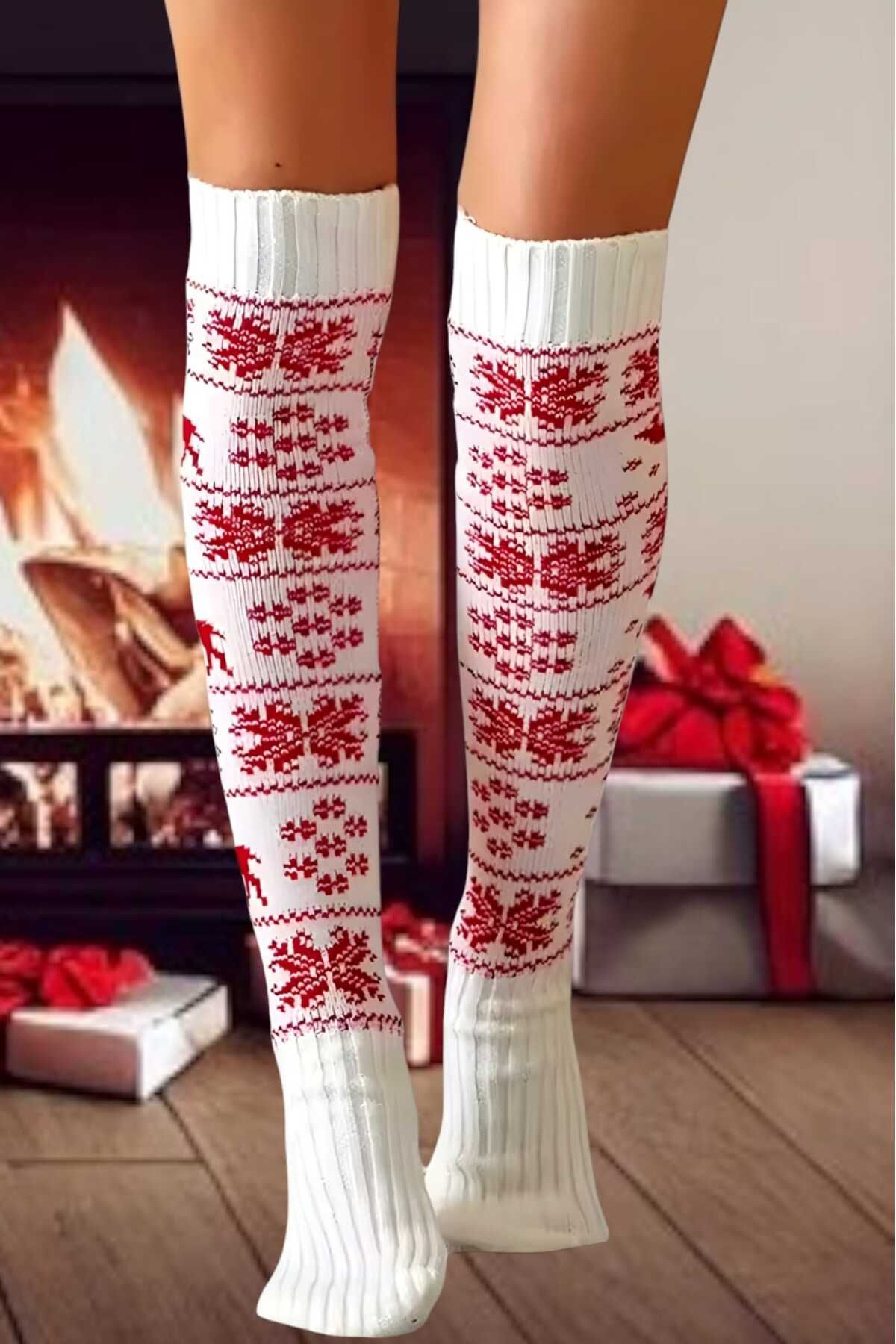 Trenderrs-Women's 2-Color New Year Themed Snowflake Patterned Over-The-Knee Socks 4