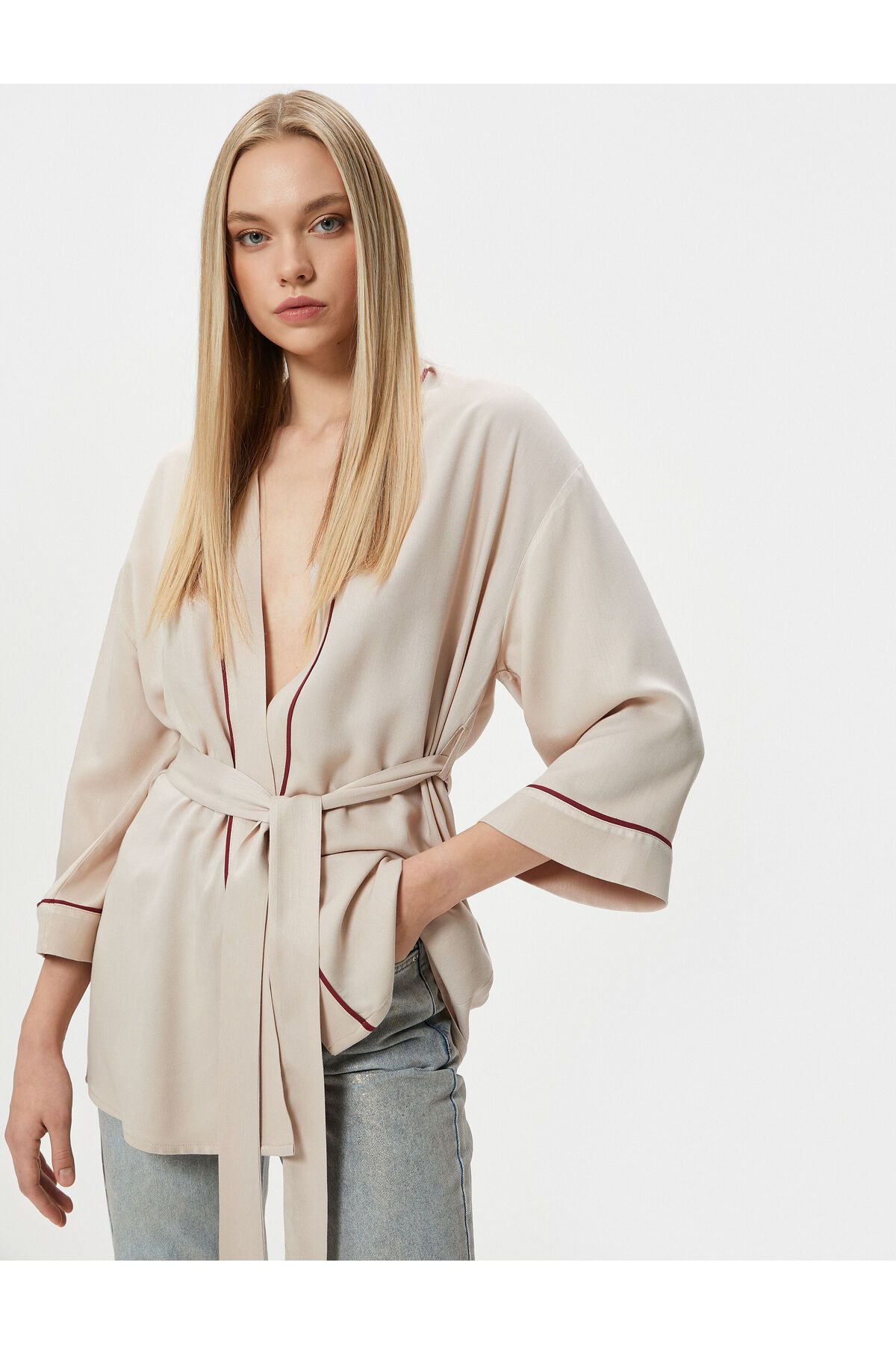 Koton Oversize Kimono Beli Kuşaklı Şeritli Viskon