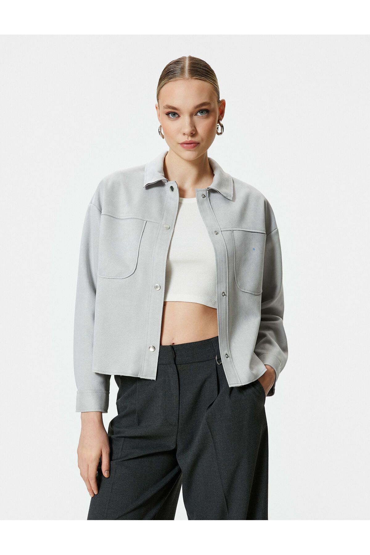Koton-Suede Jacket Snap Button Classic Collar Pocket 3