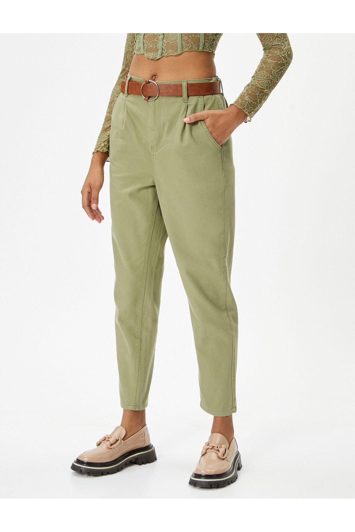 Koton-Παντελόνι Καρότο Ζώνη Crop Leg Pocket Βαμβακερή Άνετη Εφαρμογή 3