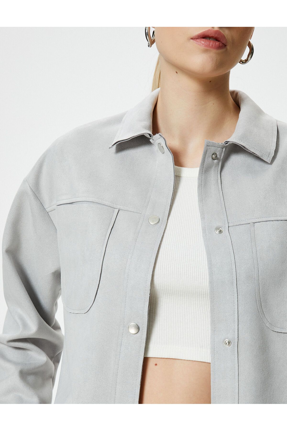 Koton-Suede Jacket Snap Button Classic Collar Pocket 5