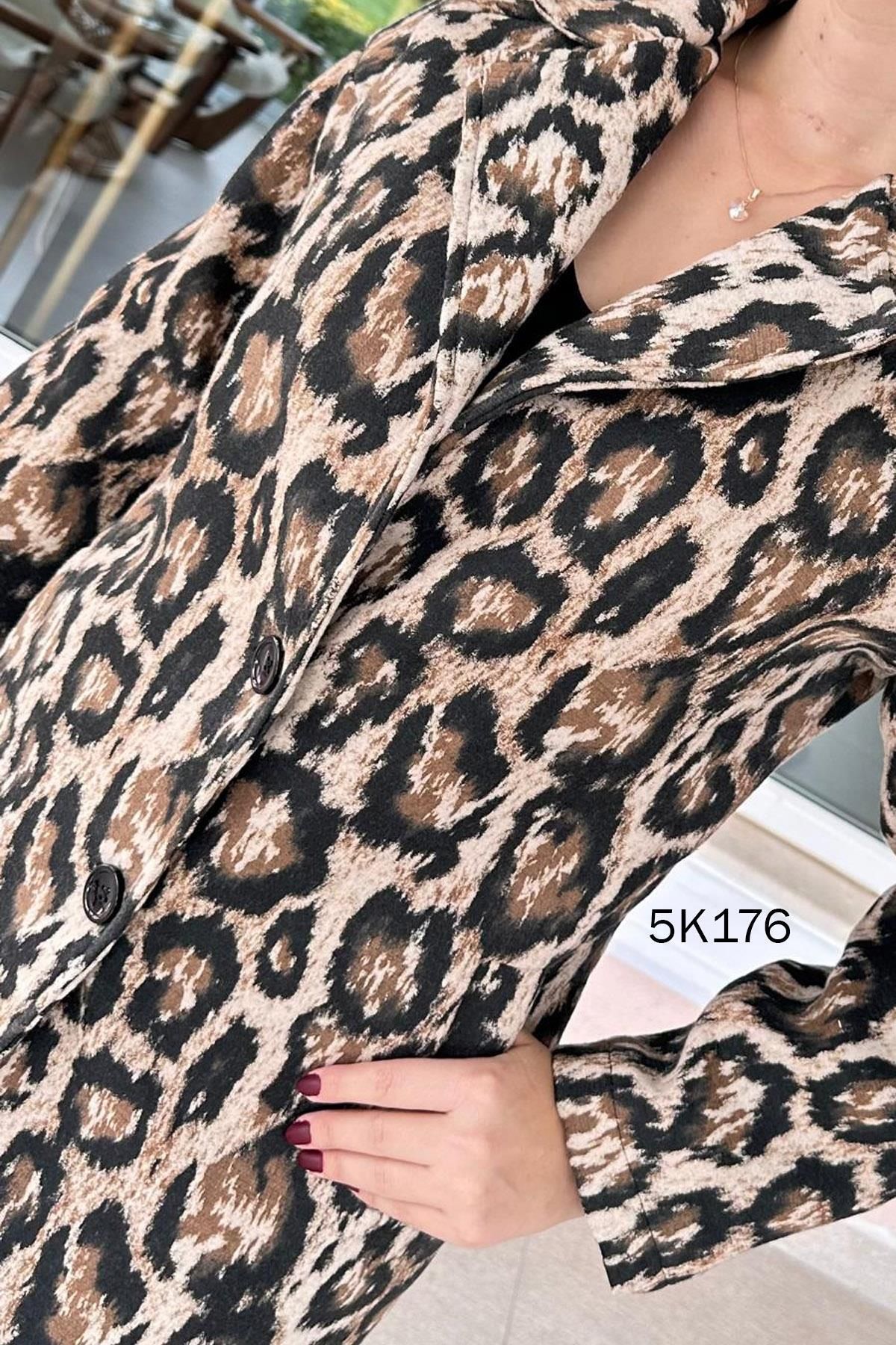 İnce Topuk-5K176 Model Leopard Patterned Cashmere Coat 6