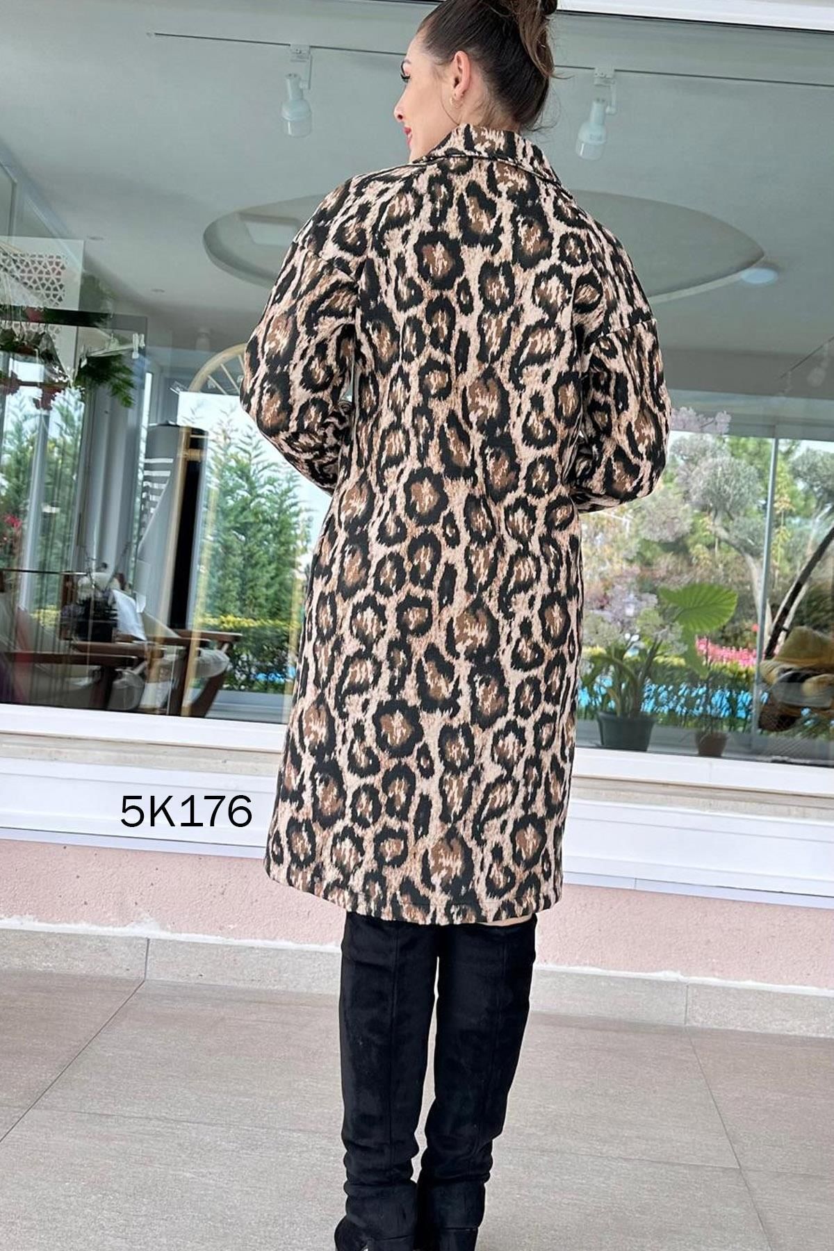 İnce Topuk-5K176 Model Leopard Patterned Cashmere Coat 2