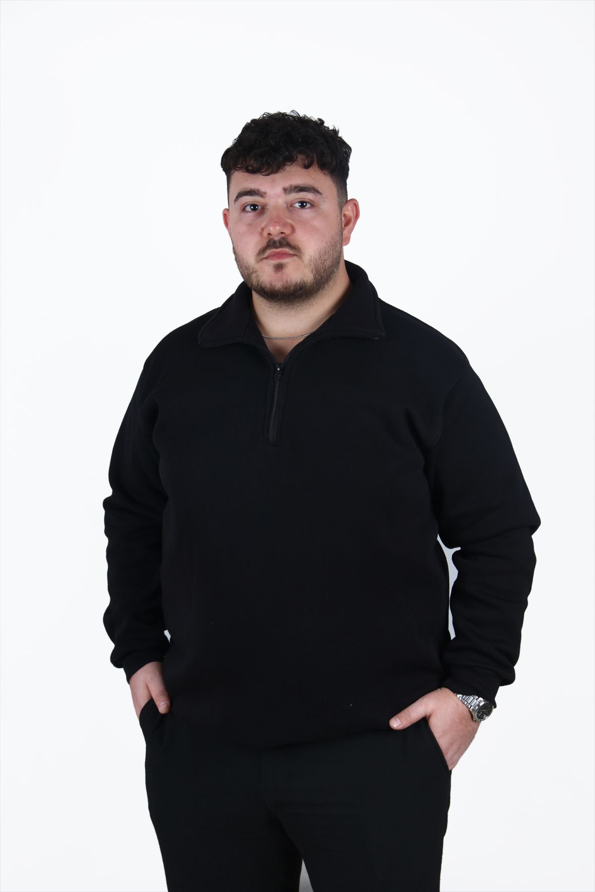 Büyük Beden  Rahat Kesim Pamuklu içi Polarlı Yarım Fermuarlı Siyah Dik Yaka Sweatshirt