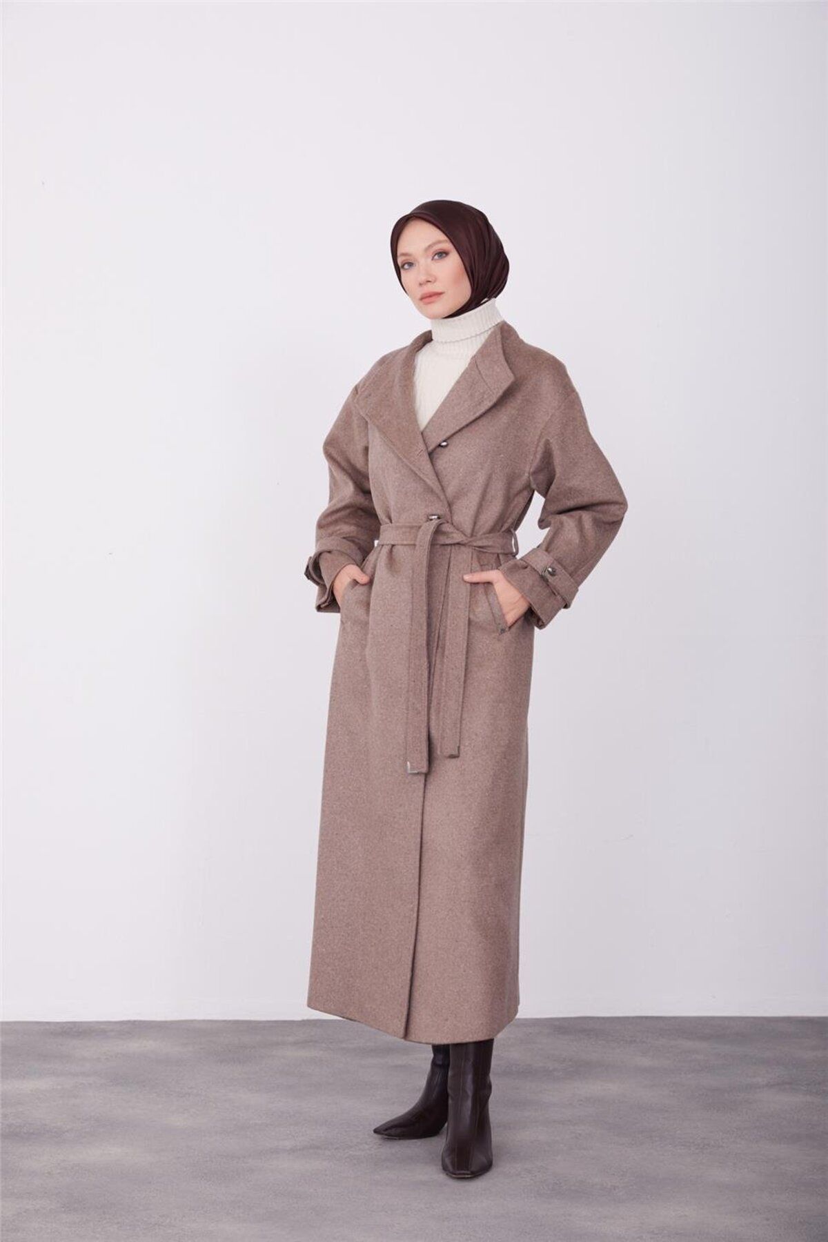 کت کمربند با آستین منحنی 23k8600 Mink Armine
