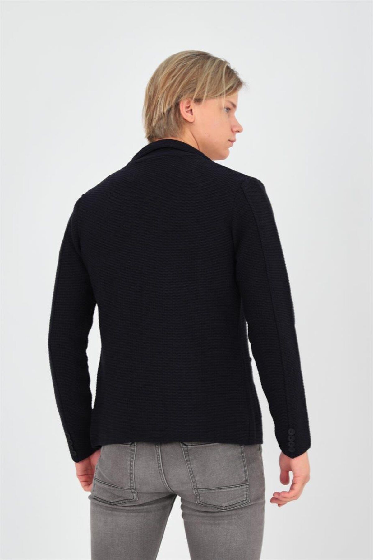 ELM WEAR-Rectangular Pattern Pocketed Knitwear Jacket-Navy Blue 4