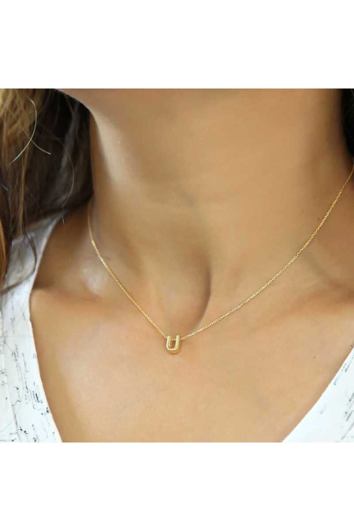NİDAM BUTİK Gümüş Gold 3 Boyutlu U Harf Kolye