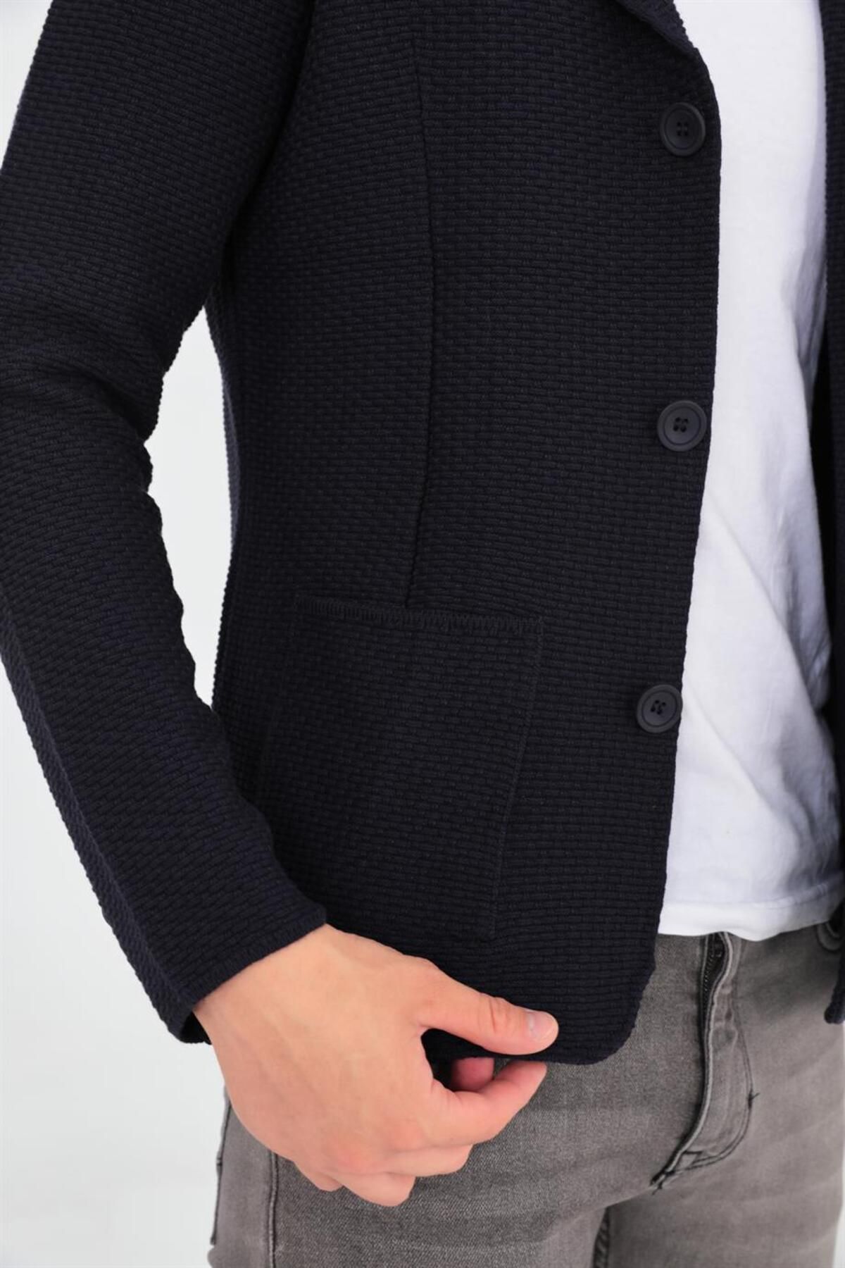 ELM WEAR-Rectangular Pattern Pocketed Knitwear Jacket-Navy Blue 2