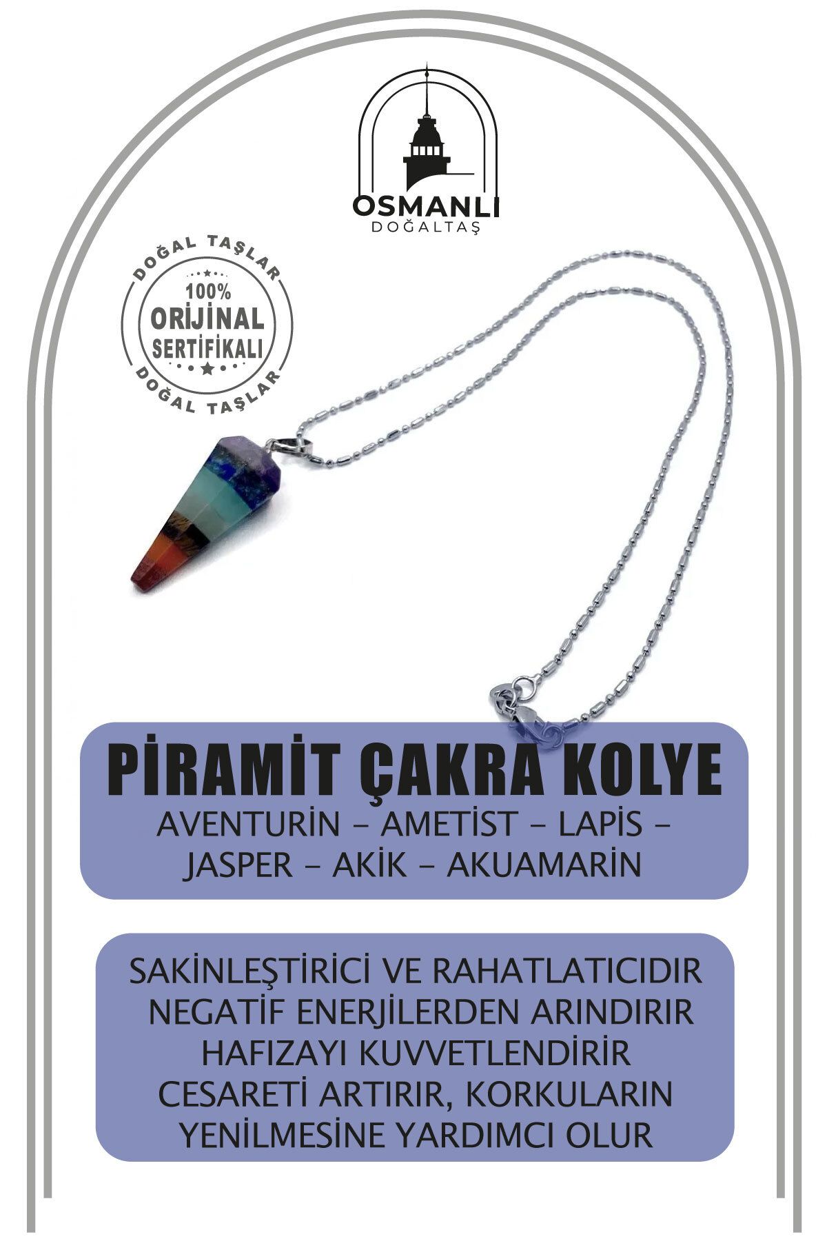 OSMANLI DOĞAL TAŞ-Natural Stone Necklace - Pyramid Chakra, Aventurine, Amethyst, Lapis, Jasper, Agate and Aquamarine (with Steel Chain) 1