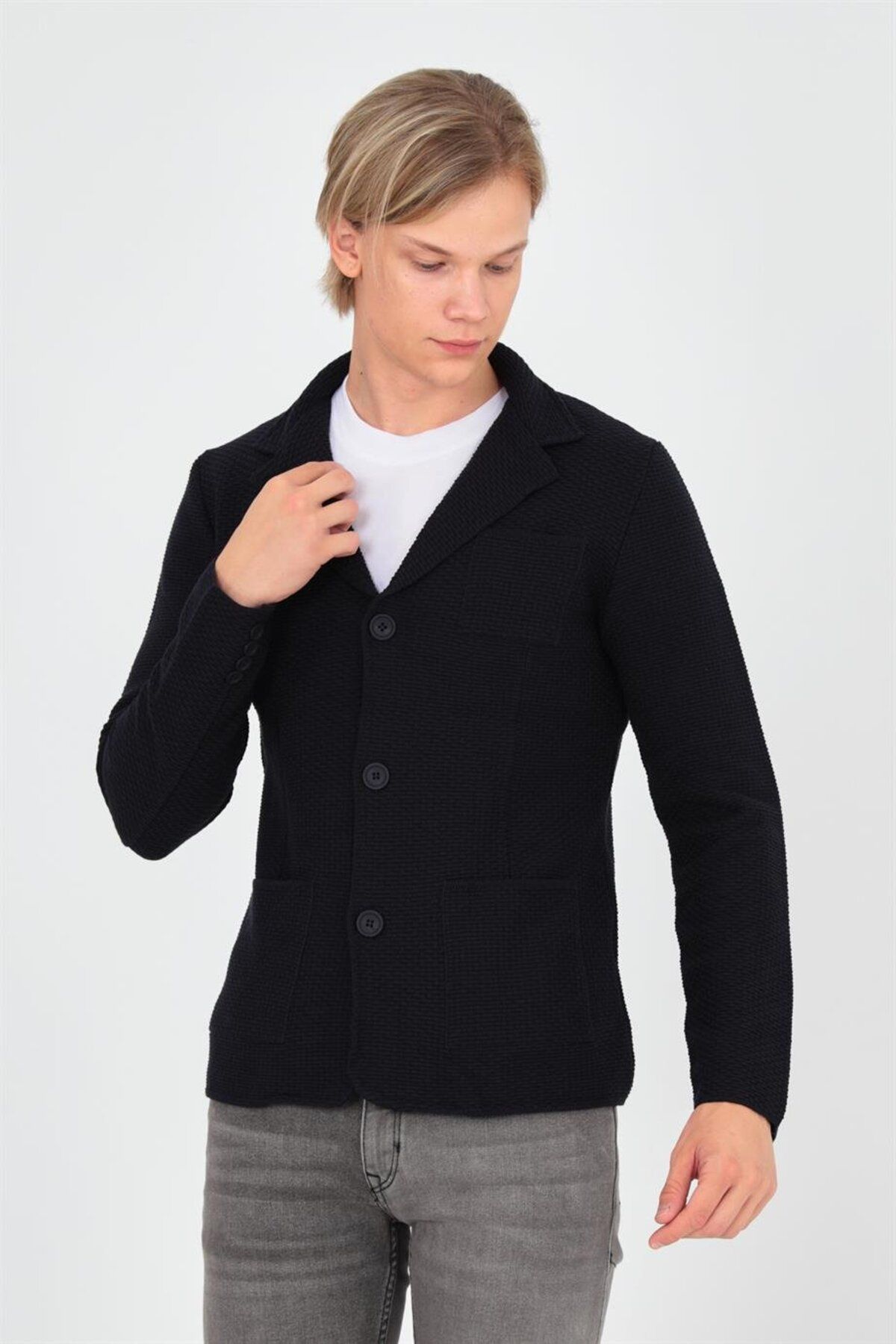 ELM WEAR-Rectangular Pattern Pocketed Knitwear Jacket-Navy Blue 1