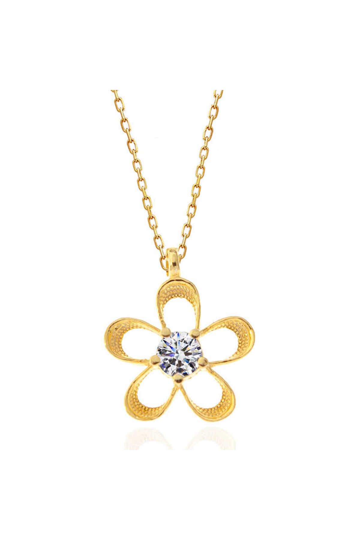NİDAM BUTİK Gümüş Gold Zirkon Taşlı Çiçek Kadın Kolye