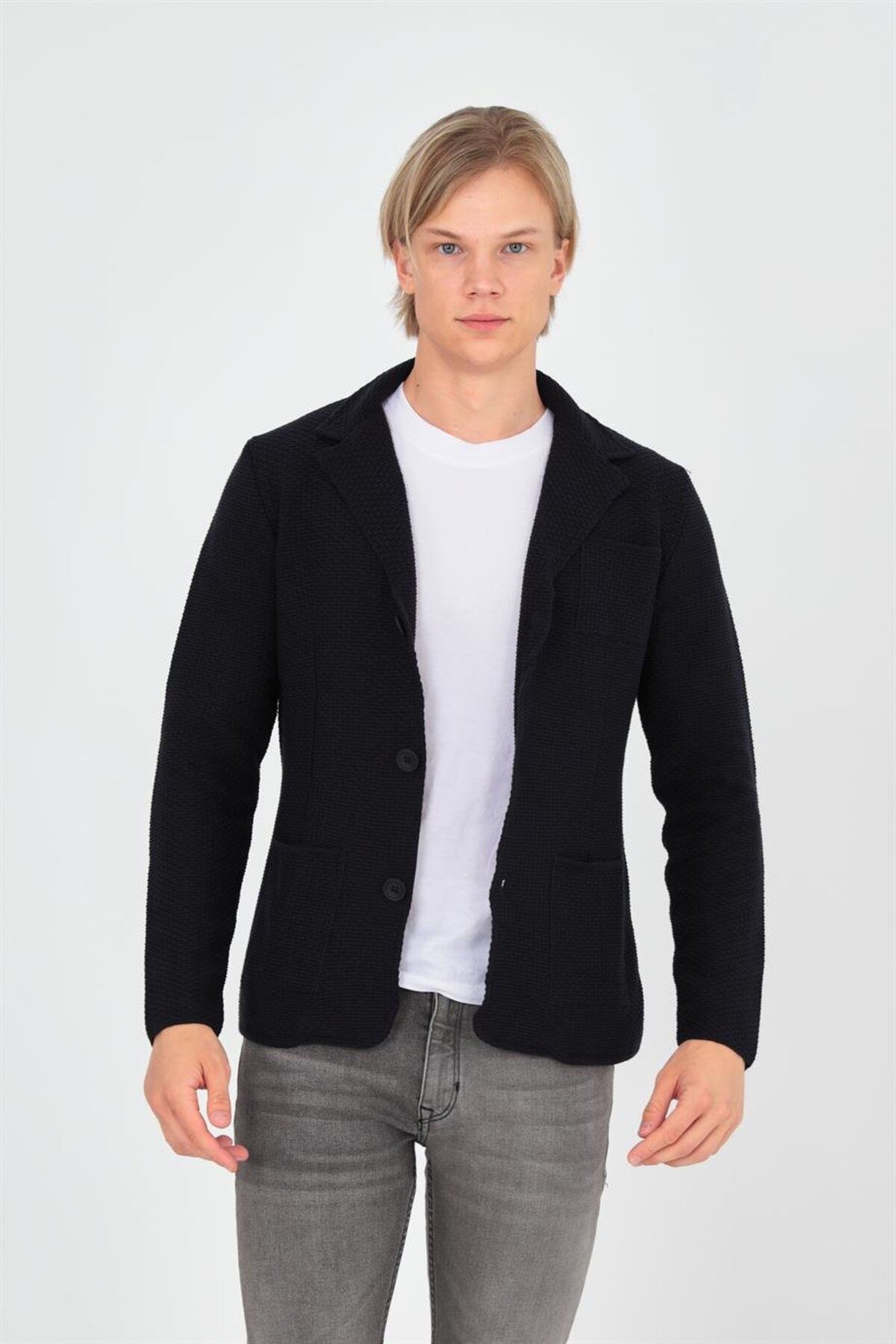 ELM WEAR-Rectangular Pattern Pocketed Knitwear Jacket-Navy Blue 5