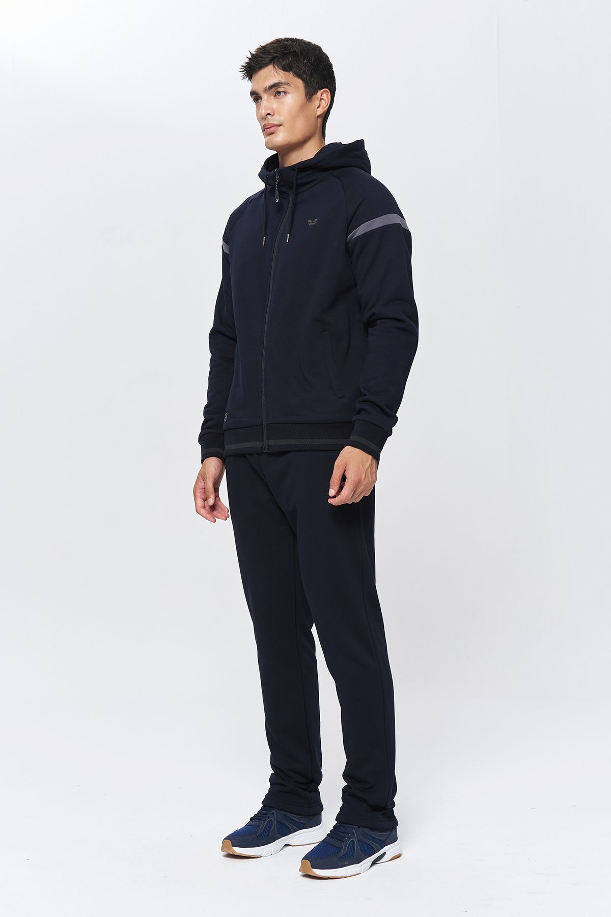 bilcee-Men's Dark Navy Blue Stand Collar Fleece Inside Lower Top Tracksuit Set 9811 2